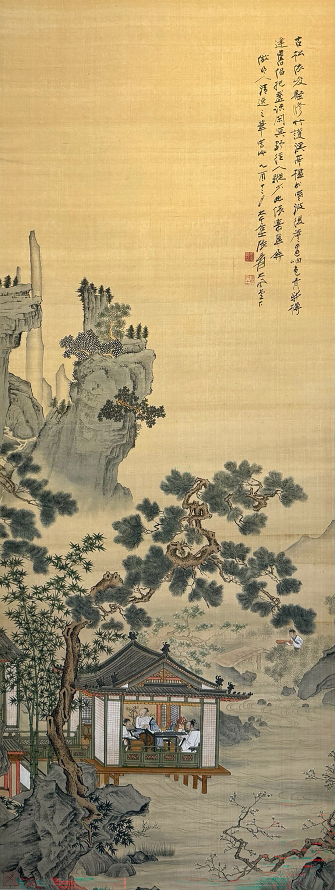 Zhang Daqian mark, Literati Gathering Painting. Ink and Color on Silk, Hanging Scroll: Zhang Daqian mark, Literati Gathering Painting. Ink and Color on Silk, Hanging Scroll (188 x 69cm)