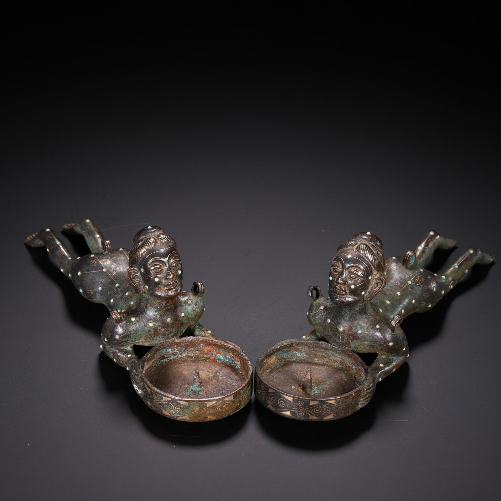 PAIR GOLD AND SILVER INLAID BRONZE FIGURAL LAMP HOLDERS (1 of 9)
