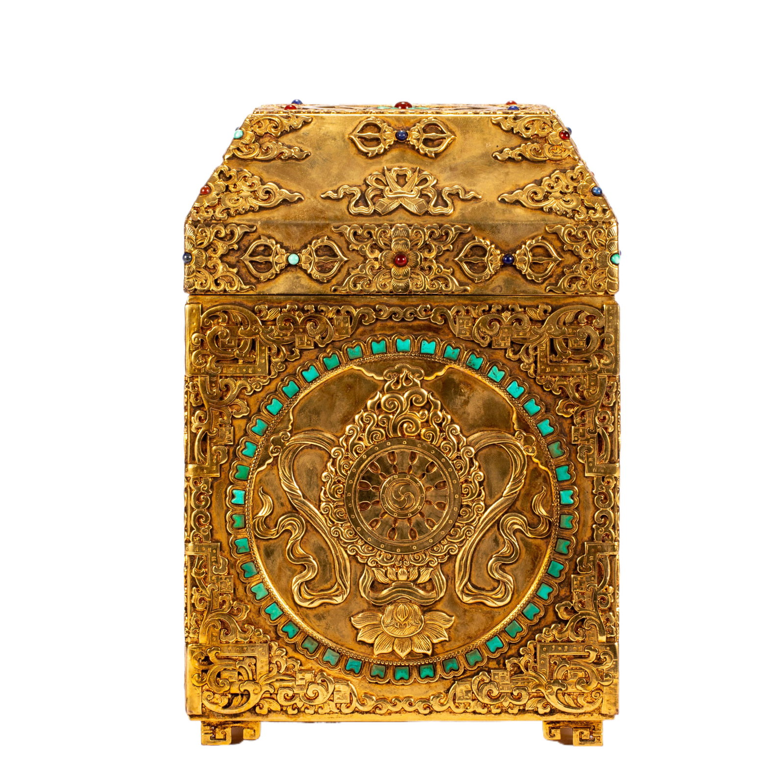A CHINESE GILT BRONZE GEM-INLAID TREASURE CASKET: A CHINESE GILT BRONZE GEM-INLAID TREASURE CASKET (16 x 16 x 23cm,Weight 4310g)