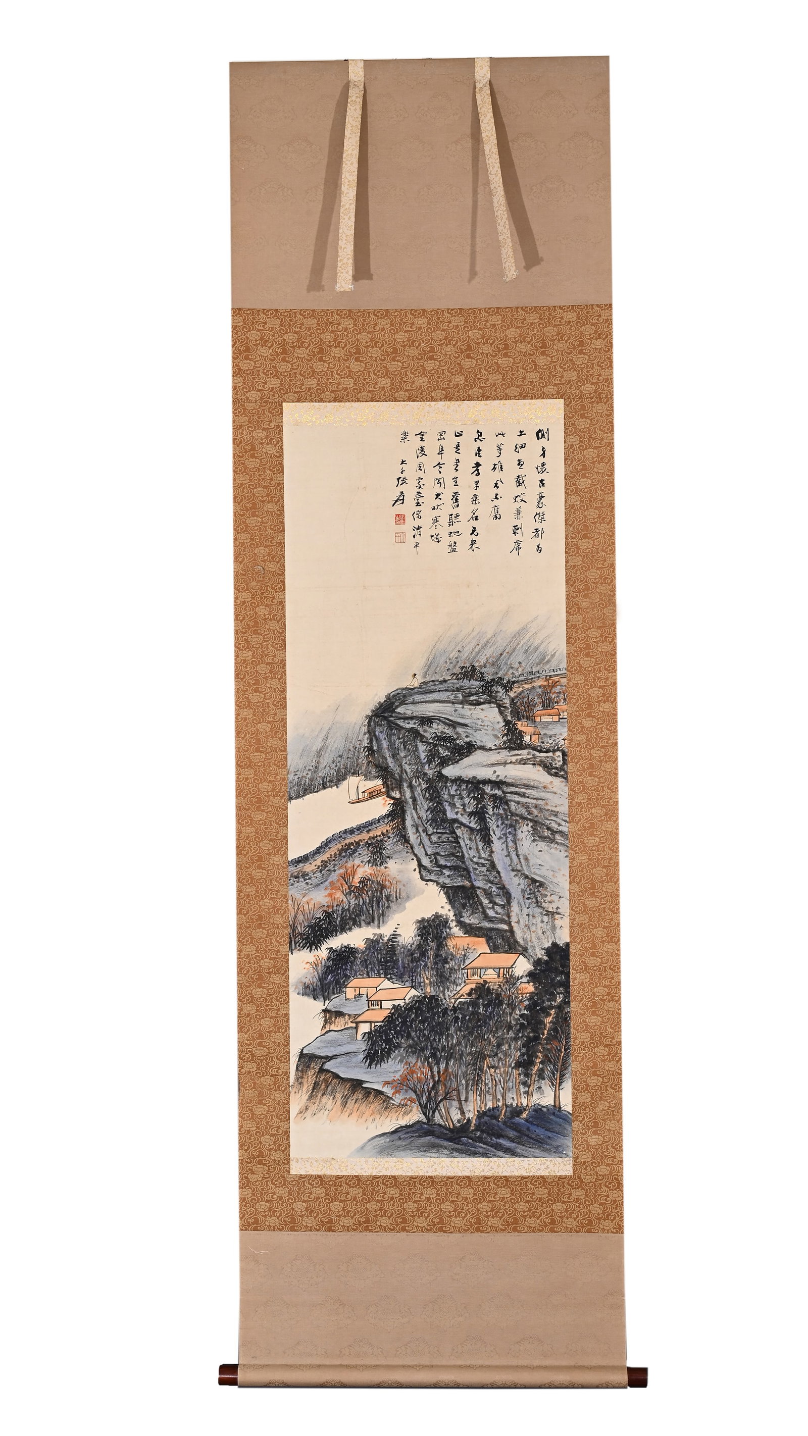 Zhang Daqian mark, Chinese Landscape Painting. Ink and Color on Paper, Hanging Scroll: Zhang Daqian mark, Chinese Landscape Painting. Ink and Color on Paper, Hanging Scroll (101 x 39cm)