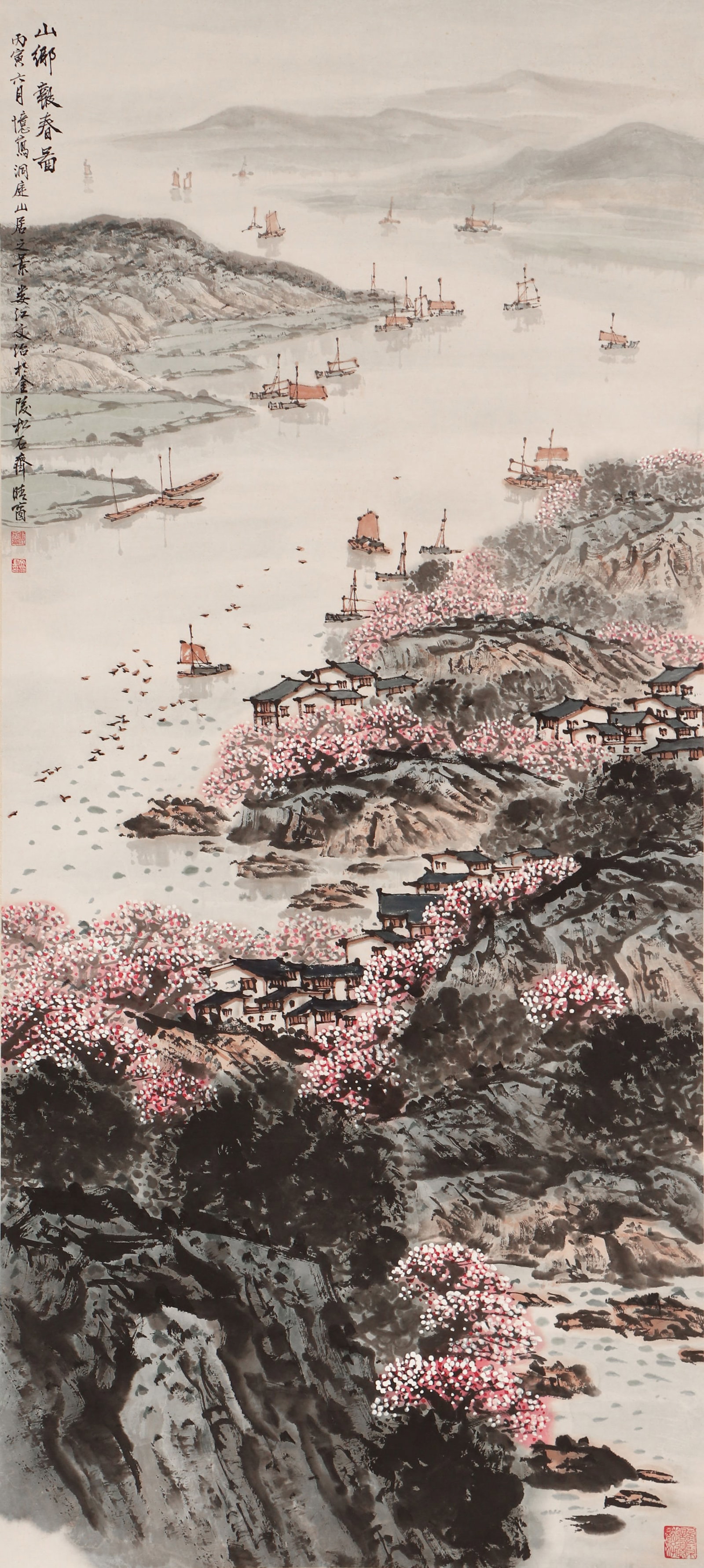 A CHINESE PAINTING OF SPRING RIVER VILLAGE, SIGNED SONG WENZHI: A CHINESE PAINTING OF SPRING RIVER VILLAGE, SIGNED SONG WENZHI (136 x 60cm)