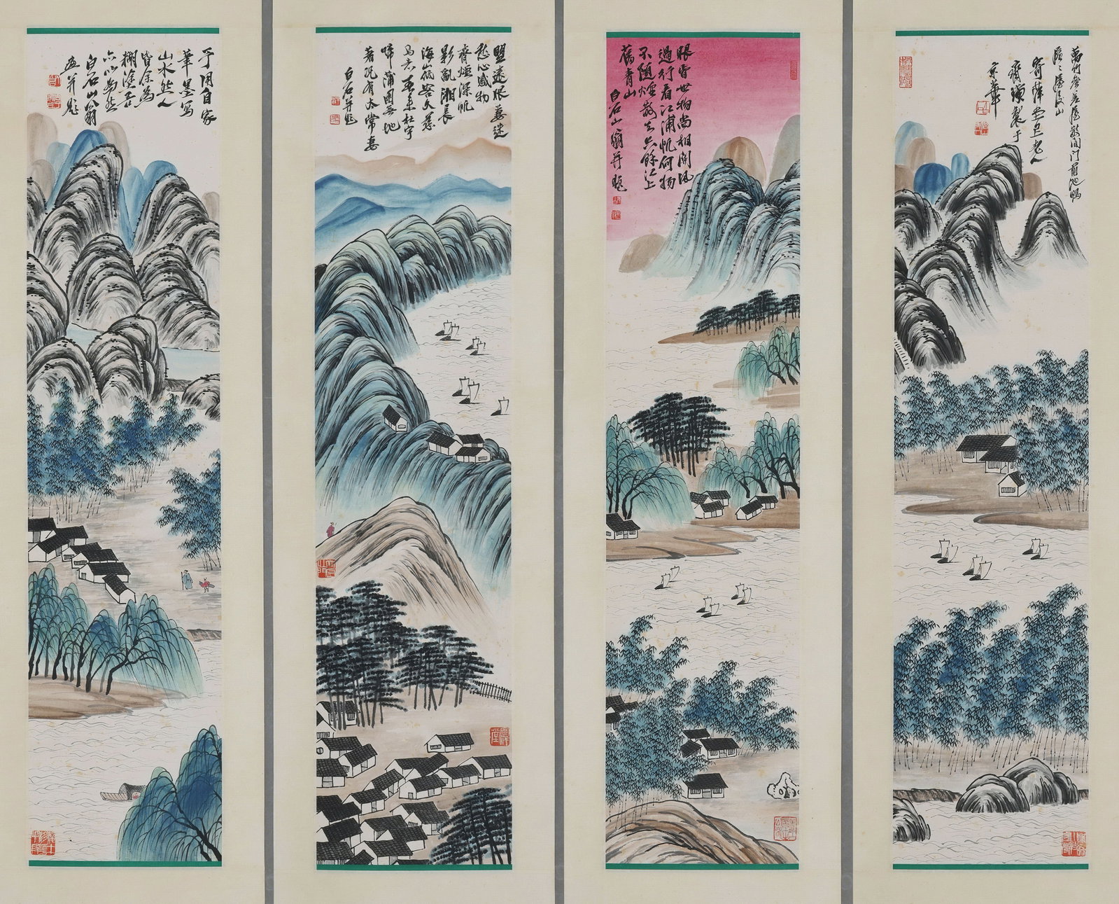 Qi Baishi mark, Four Chinese Landscape Paintings. Ink and Color on Paper, Hanging Scroll: Qi Baishi mark, Four Chinese Landscape Paintings. Ink and Color on Paper, Hanging Scroll (137 x 34cm)