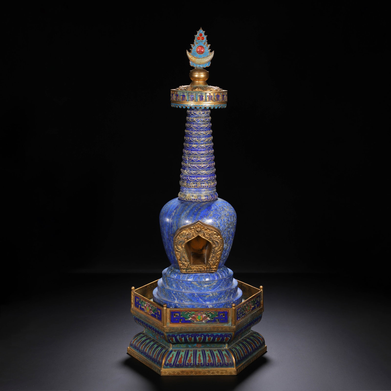 CHINESE LAPIS LAZULI STUPA SHRINE: CHINESE LAPIS LAZULI STUPA SHRINE (20 x 20 x 50cm)