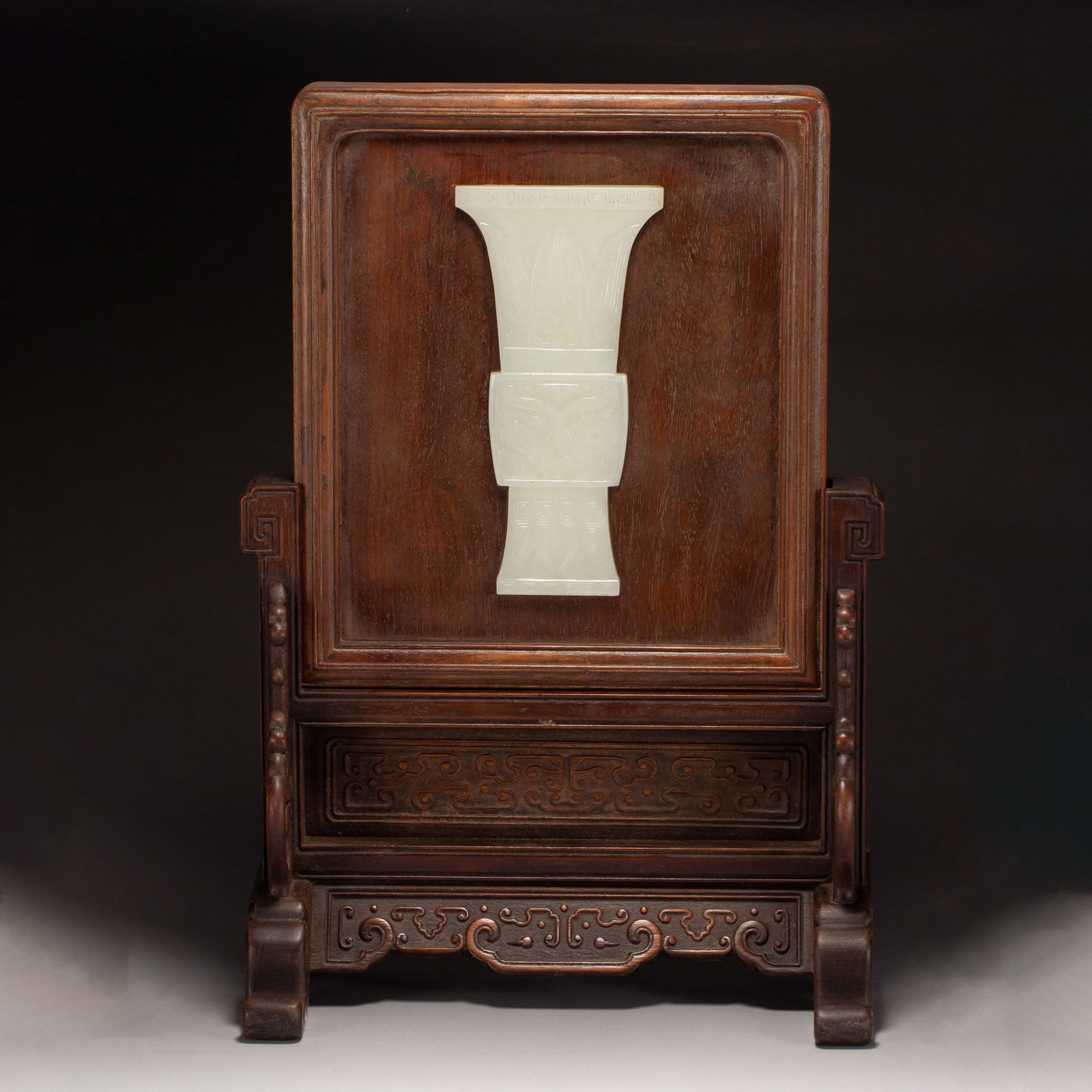 A CHINESE HUANGHUALI TABLE SCREEN INLAID WITH WHITE JADE GU (1 of 8)