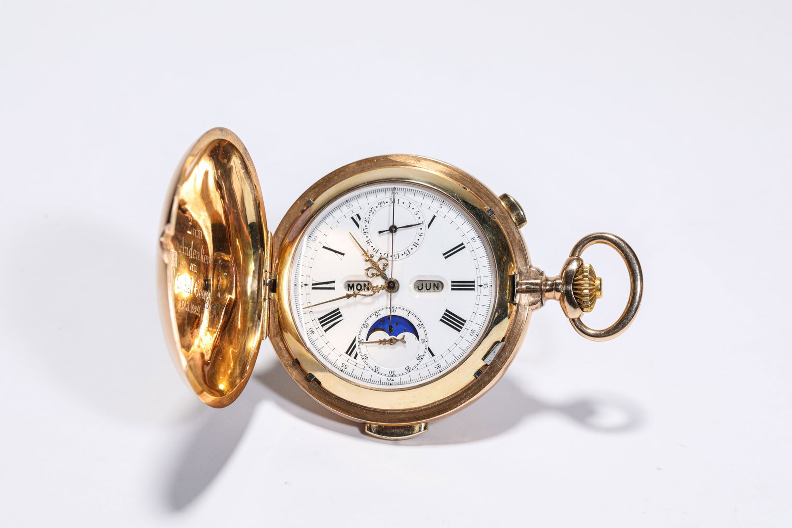 A 14K GOLD 'ASTRONOMICAL' TRIPLE CALENDAR POCKET WATCH (1 of 8)