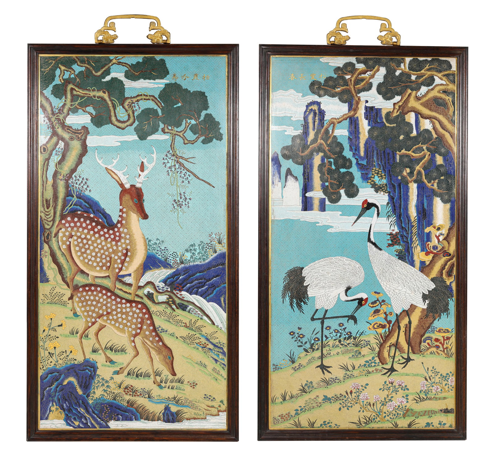 A CLOISONNE ENAMEL 'CRANE, DEER AND SPRING' HANGING PANEL: A CLOISONNE ENAMEL 'CRANE, DEER AND SPRING' HANGING PANEL Description: Dimensions: Weight: 49400 g. Width: 73.5 cm x Height: 151 cm. All measurements are approximate.
