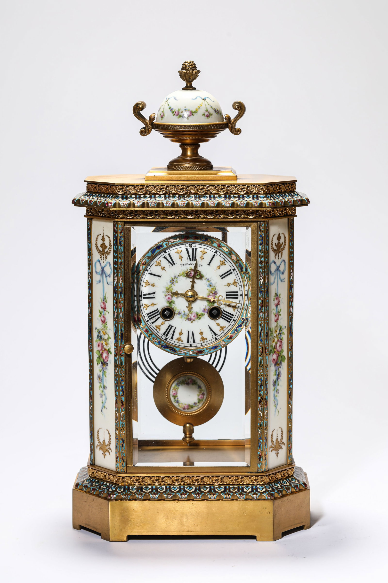 A TIFFANY GILT-BRONZE CLOISONNE ENAMEL AND PAINTED ENAMEL MANTEL CLOCK (1 of 6)