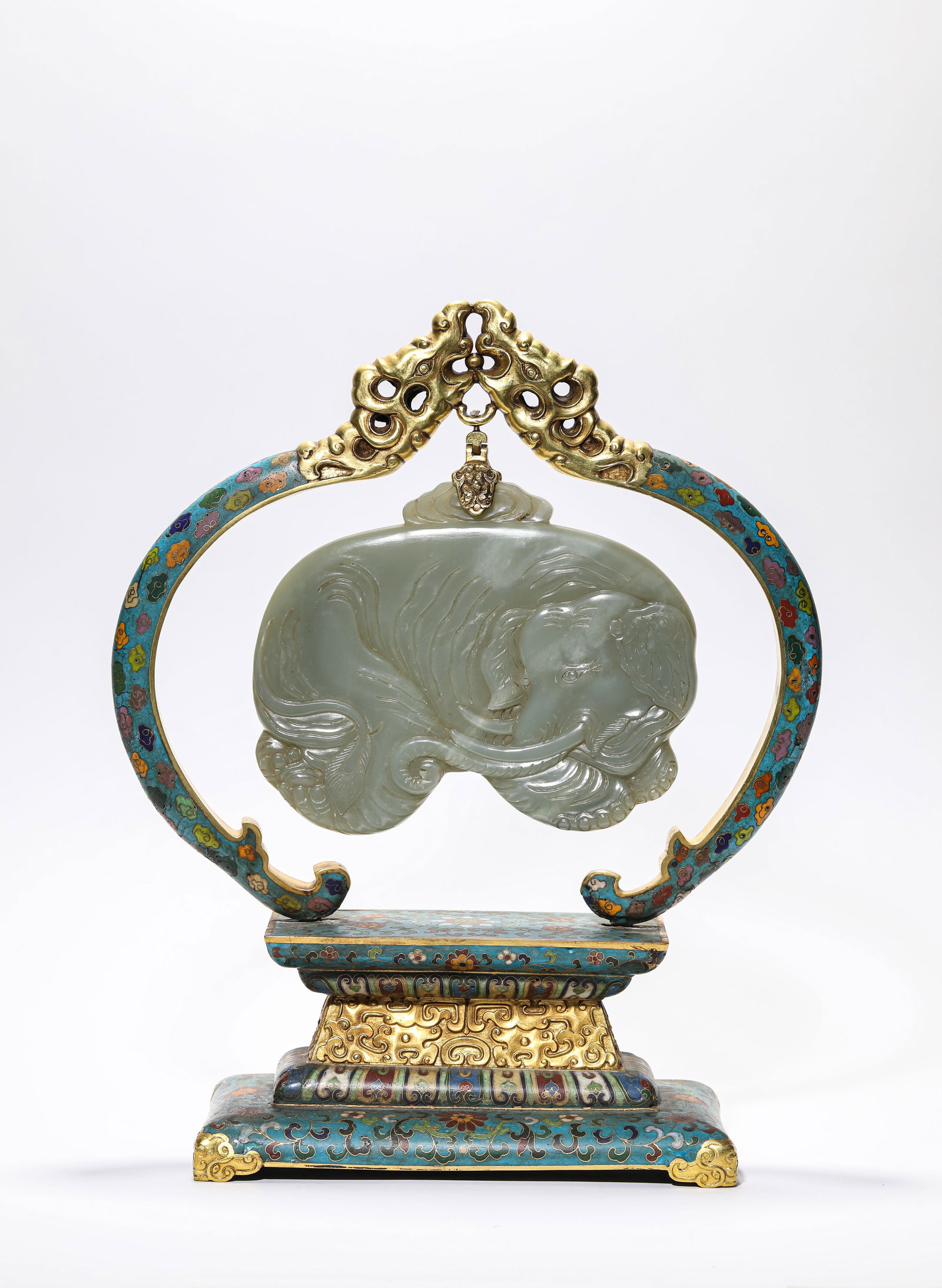 A CLOISONNE ENAMEL AND JADE-INLAID 'ELEPHANT OF UNIVERSAL PEACE' ORNAMENT: A CLOISONNE ENAMEL AND JADE-INLAID 'ELEPHANT OF UNIVERSAL PEACE' ORNAMENT Description: Dimensions: Length: 28.6 cm x Width: 12.4 cm x Height: 35 cm. All measurements are approximate.