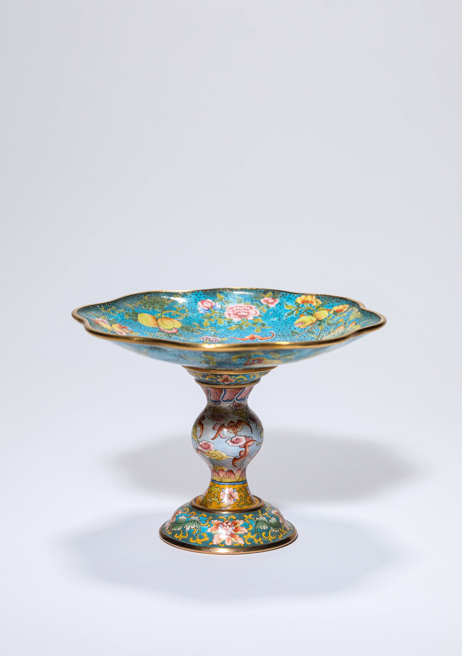 A COPPER PAINTED ENAMEL 'FLORAL' STEM DISH: A COPPER PAINTED ENAMEL 'FLORAL' STEM DISH Description: Dimensions: Weight: 189 g. Width: 11.8 cm x Height: 8.6 cm. All measurements are approximate.