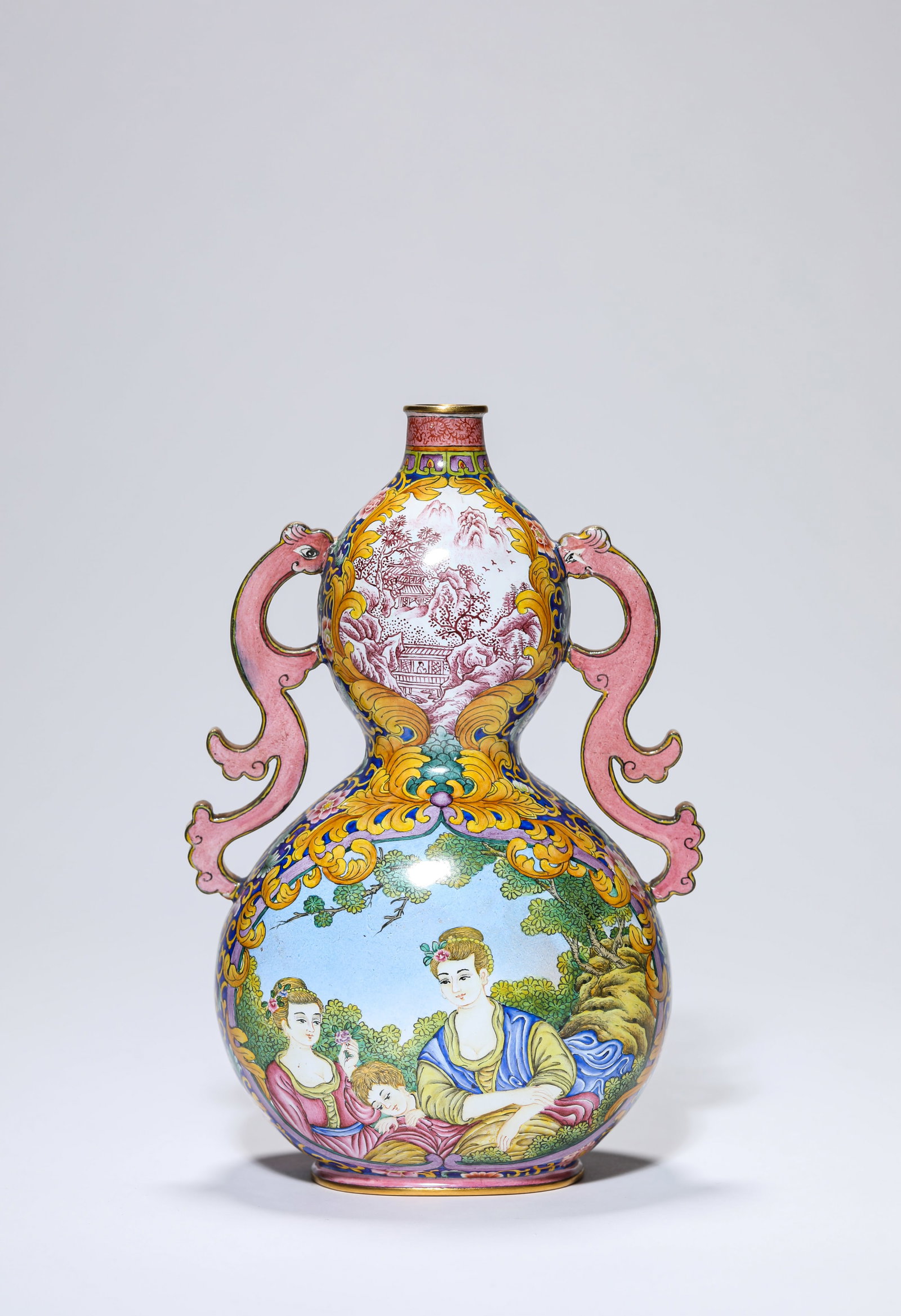 A COPPER PAINTED ENAMEL 'FIGURAL' 'DOUBLE-GOURD' VASE: A COPPER PAINTED ENAMEL 'FIGURAL' 'DOUBLE-GOURD' VASE Description: Dimensions: Weight: 406 g. Length: 11.1 cm x Width: 7.2 cm x Height: 16.7 cm. All measurements are approximate.
