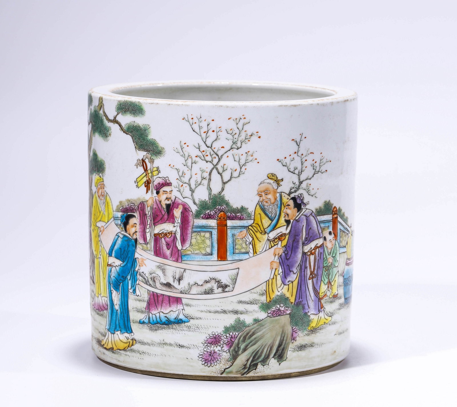 A FAMILLE-ROSE 'FIVE ELDERS AND BOY WITH POEM' BRUSH POT: A FAMILLE-ROSE 'FIVE ELDERS AND BOY WITH POEM' BRUSH POT Description: Dimensions: Width: 22 cm x Height: 22 cm. All measurements are approximate.
