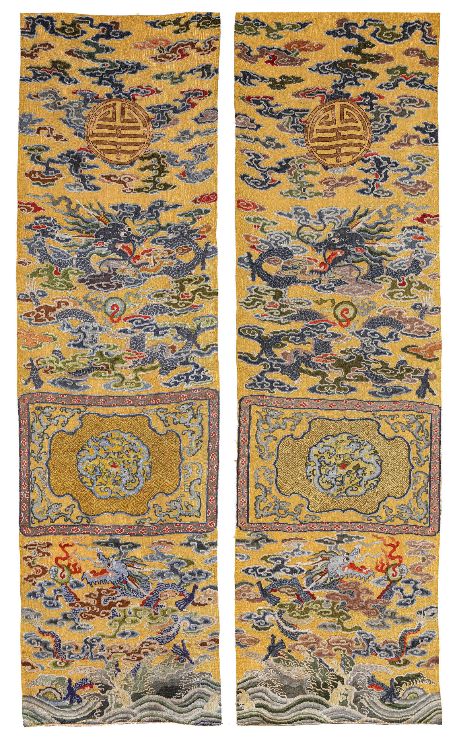 A PAIR OF BROCADE 'DRAGON AND CLOUDS' HANGING PANELS: A PAIR OF BROCADE 'DRAGON AND CLOUDS' HANGING PANELS Description: Dimensions: Width: 47 cm x Height: 168 cm. All measurements are approximate.
