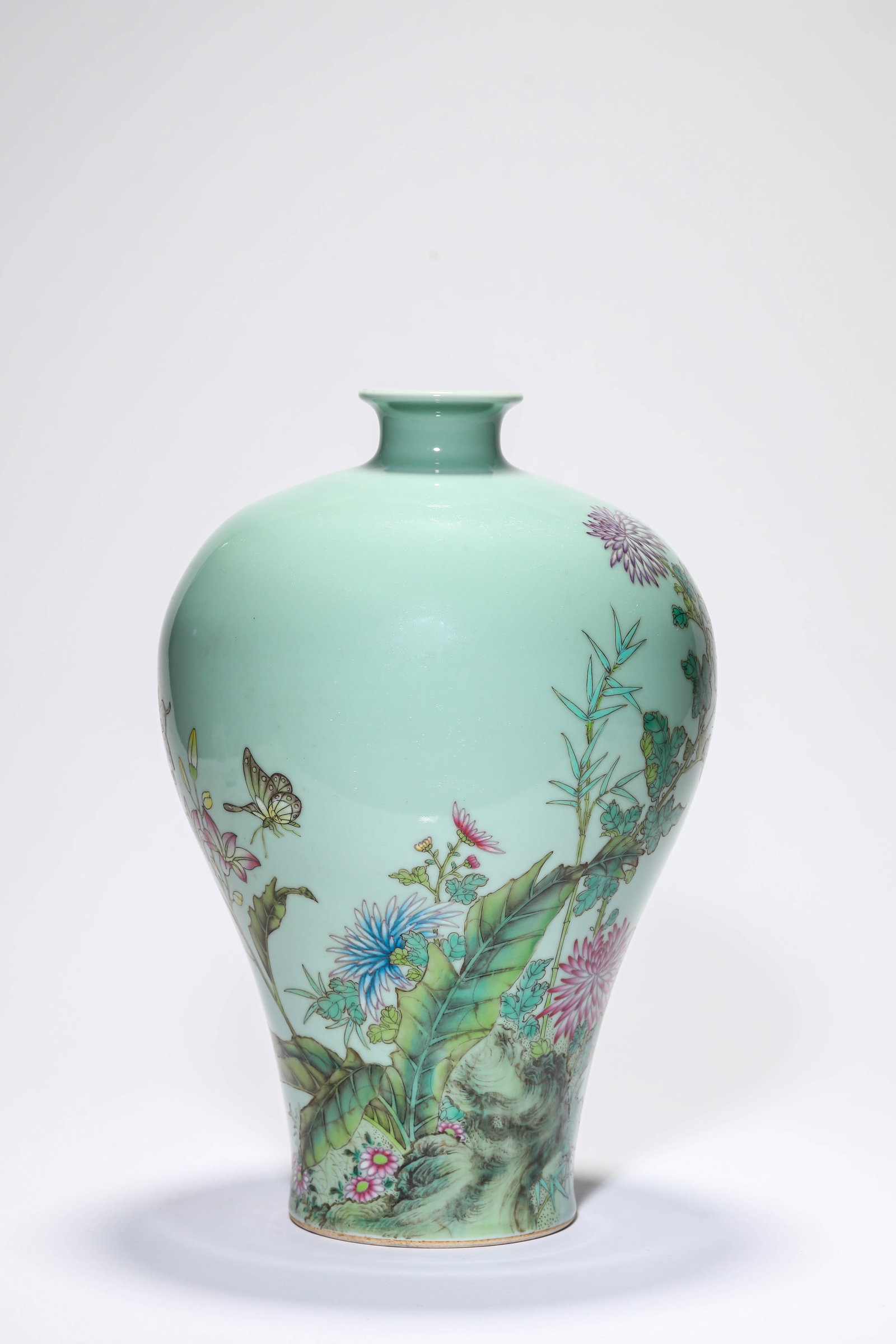 A BEAN-GREEN-GLAZED 'BUTTERFLIES AMONG FLOWERS AND POEM' MEIPING: A BEAN-GREEN-GLAZED 'BUTTERFLIES AMONG FLOWERS AND POEM' MEIPING Description: Dimensions: Width: 20.7 cm x Height: 31.2 cm. All measurements are approximate.