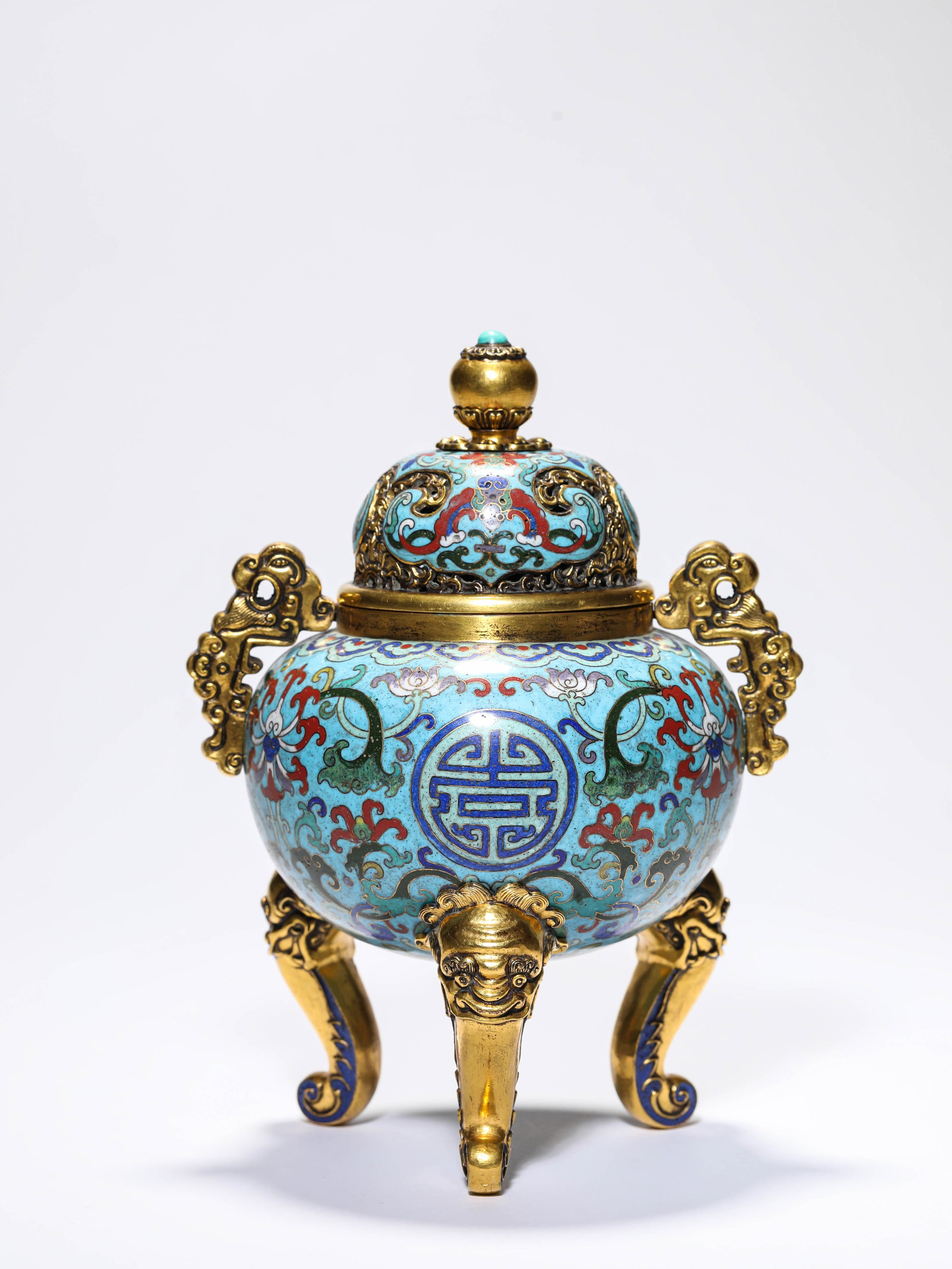 A CLOISONNE ENAMEL 'FLORAL' CENSER: A CLOISONNE ENAMEL 'FLORAL' CENSER Description: Dimensions: Weight: 1000 g. Length: 16.6 cm x Width: 13.5 cm x Height: 21.5 cm. All measurements are approximate.