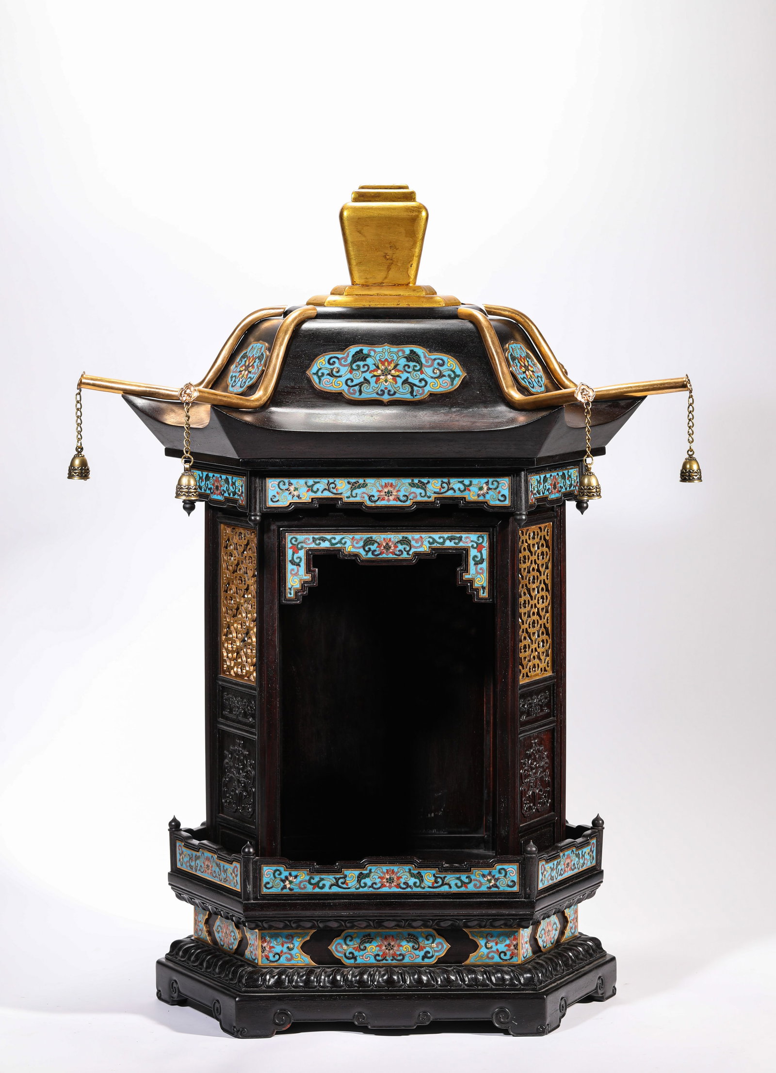 A WOOD AND CLOISONNE ENAMEL-INLAID SHRINE: A WOOD AND CLOISONNE ENAMEL-INLAID SHRINE Description: Dimensions: Length: 54 cm x Width: 40 cm x Height: 69.5 cm. All measurements are approximate.