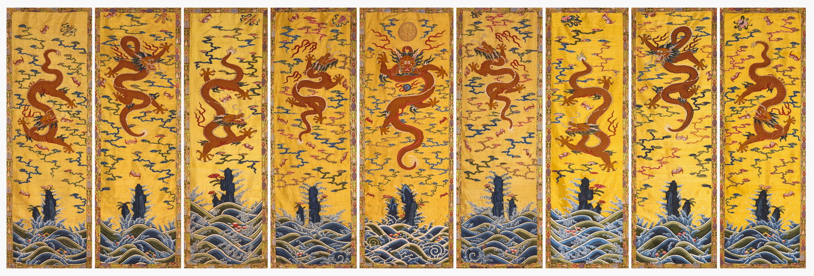 A SILK 'KESI' TAPESTRY WITH 'NINE DRAGONS': A SILK 'KESI' TAPESTRY WITH 'NINE DRAGONS' Description: Dimensions: Width: 53.8 cm x Height: 170 cm. All measurements are approximate.
