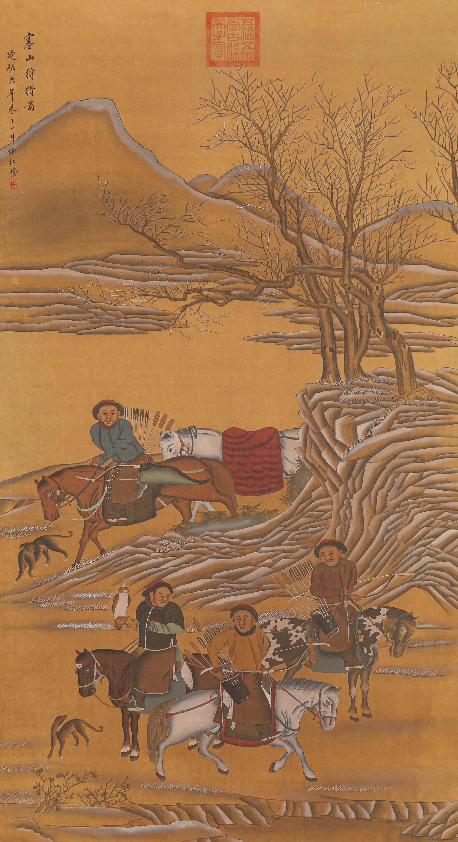 REN RENFA (1255-1328), ATTRIBUTED TO, HUNTING SCENE: REN RENFA (1255-1328), ATTRIBUTED TO, HUNTING SCENE Description: Dimensions: Width: 70 cm x Height: 128 cm. All measurements are approximate.