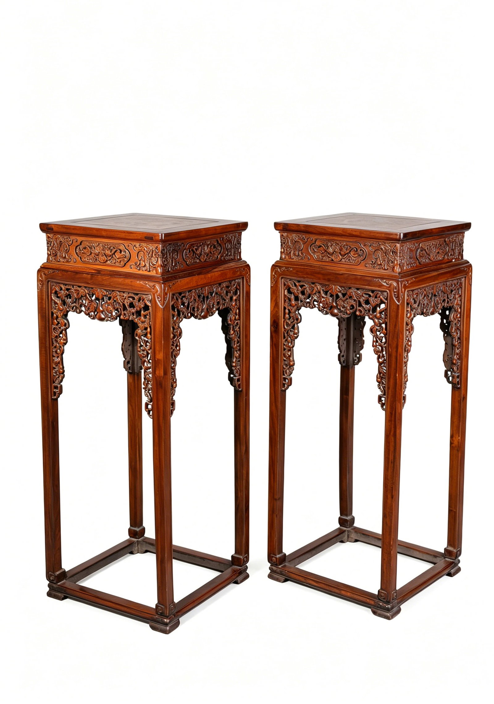 A PAIR OF WOOD AND LACQUER-INLAID 'DRAGON' SQUARE STANDS: A PAIR OF WOOD AND LACQUER-INLAID 'DRAGON' SQUARE STANDS Description: Dimensions: Width: 46 cm x Height: 118.3 cm. All measurements are approximate.