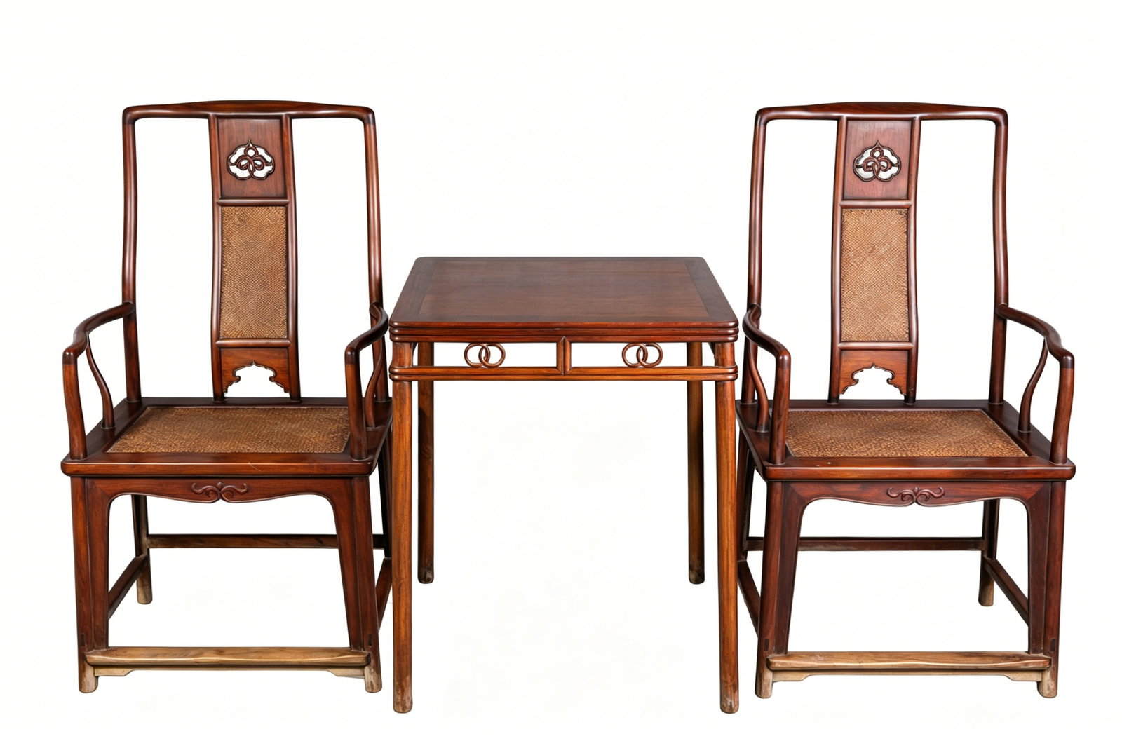 A SET OF WOOD TABLE AND CHAIRS: A SET OF WOOD TABLE AND CHAIRS Description: Dimensions: Width: 66 cm x Height: 80.5 cm. Length: 64 cm x Width: 48 cm x Height: 116 cm. All measurements are approximate.