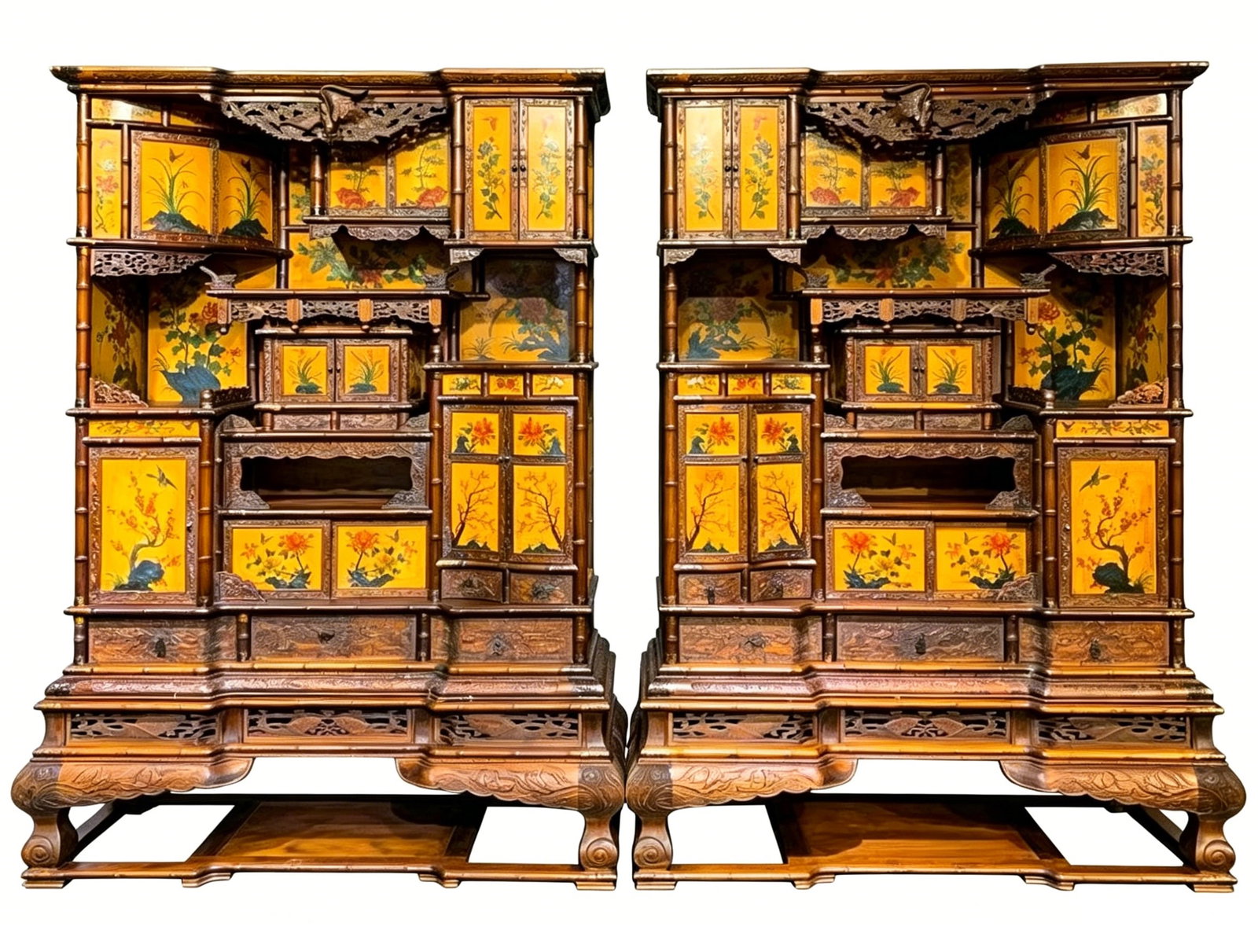 A WOOD 'FLOWERS AND BIRDS' 'DUOBAO GE' DISPLAY CABINET: A WOOD 'FLOWERS AND BIRDS' 'DUOBAO GE' DISPLAY CABINET Description: Dimensions: Length: 153 cm x Width: 63 cm x Height: 21 cm. All measurements are approximate.