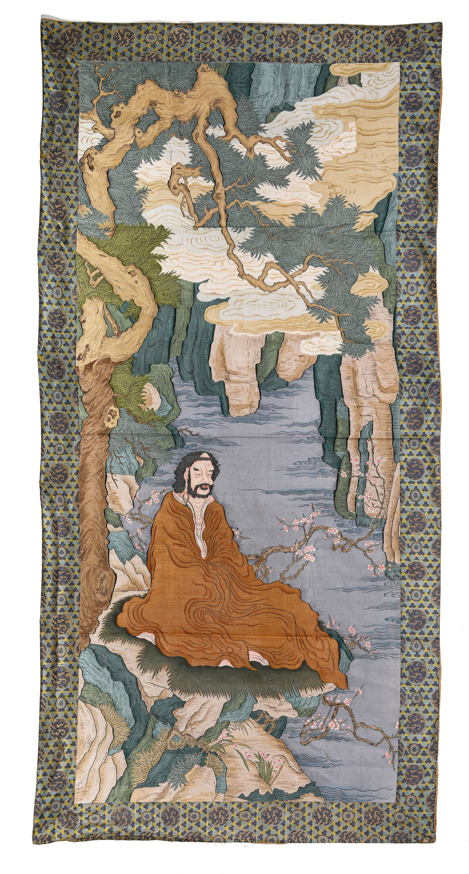 A SILK 'KESI' TAPESTRY OF BODHIDHARMA: A SILK 'KESI' TAPESTRY OF BODHIDHARMA Description: Dimensions: Width: 113 cm x Height: 231 cm. All measurements are approximate.