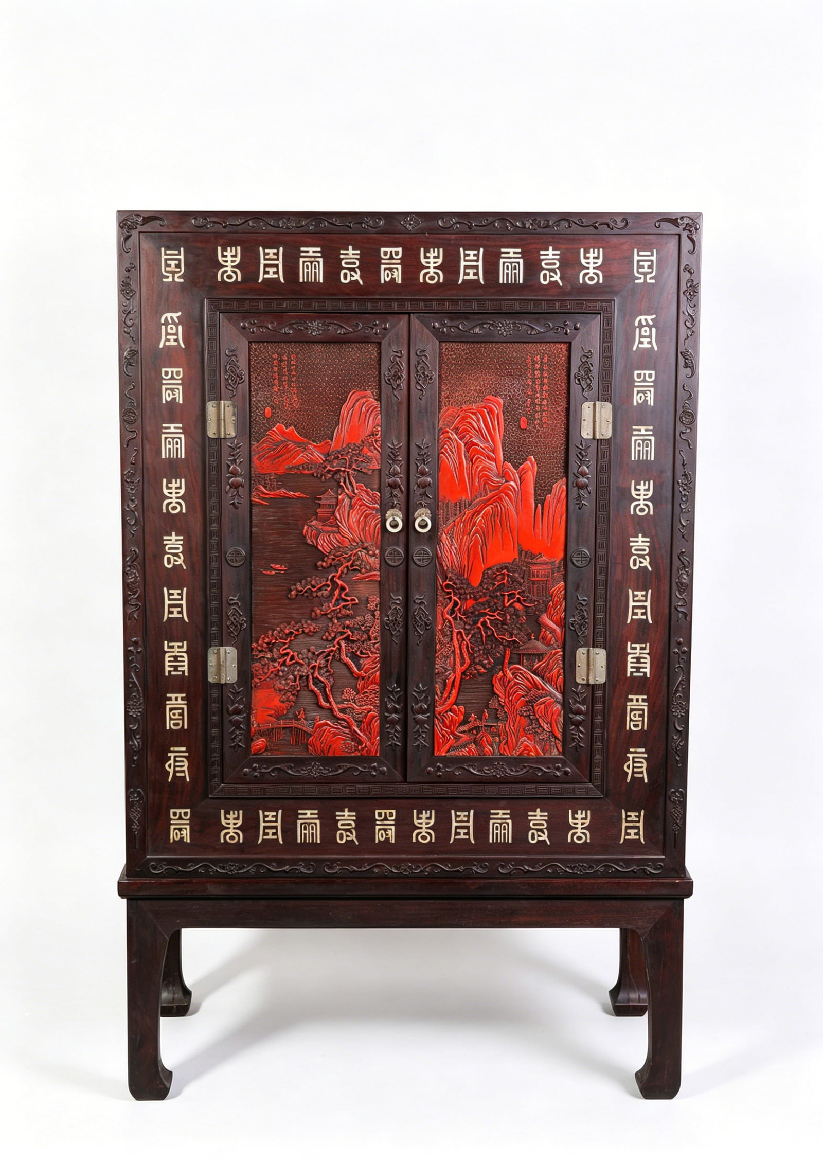 A WOOD AND CARVED CINNABAR LACQUER-INLAID 'SHOU CHARACTER' CABINET: A WOOD AND CARVED CINNABAR LACQUER-INLAID 'SHOU CHARACTER' CABINET Description: Dimensions: Length: 80 cm x Width: 40 cm x Height: 124.5 cm. All measurements are approximate.