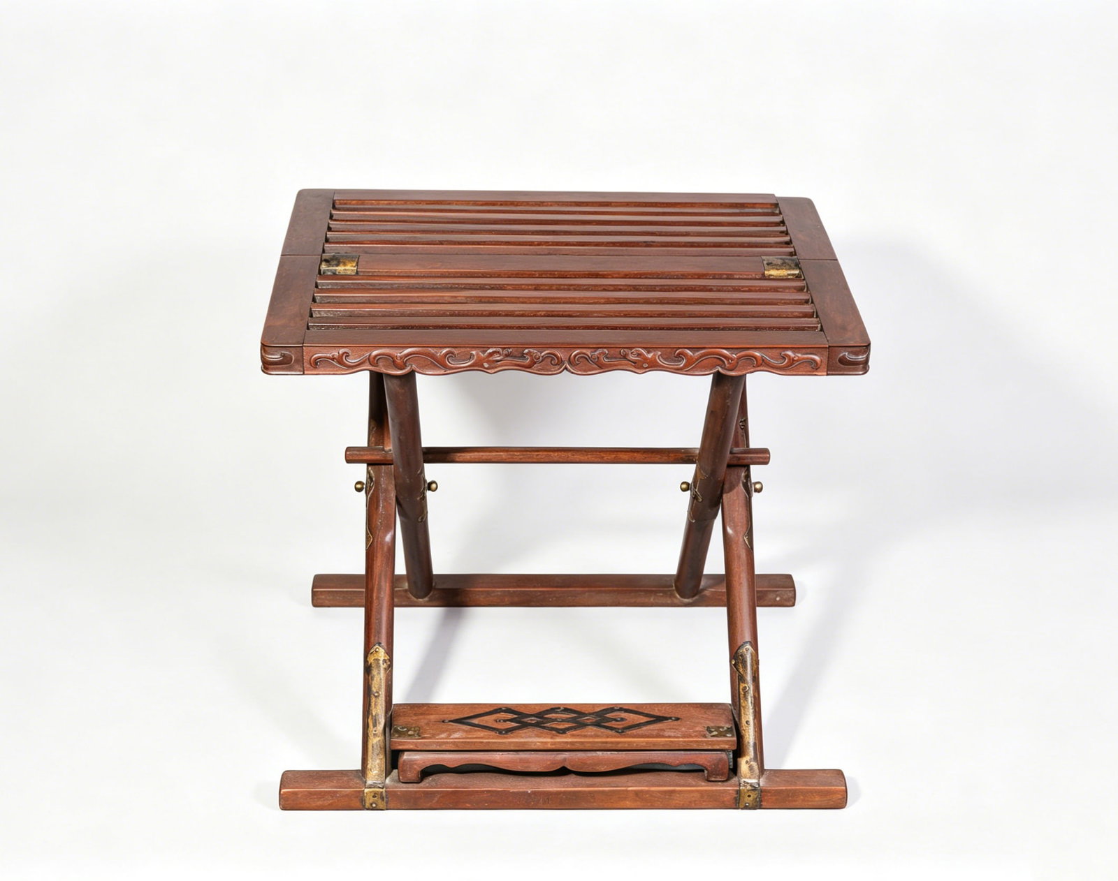 A WOOD STOOL: A WOOD STOOL Description: Dimensions: Length: 56 cm x Width: 49.2 cm x Height: 49 cm. All measurements are approximate.