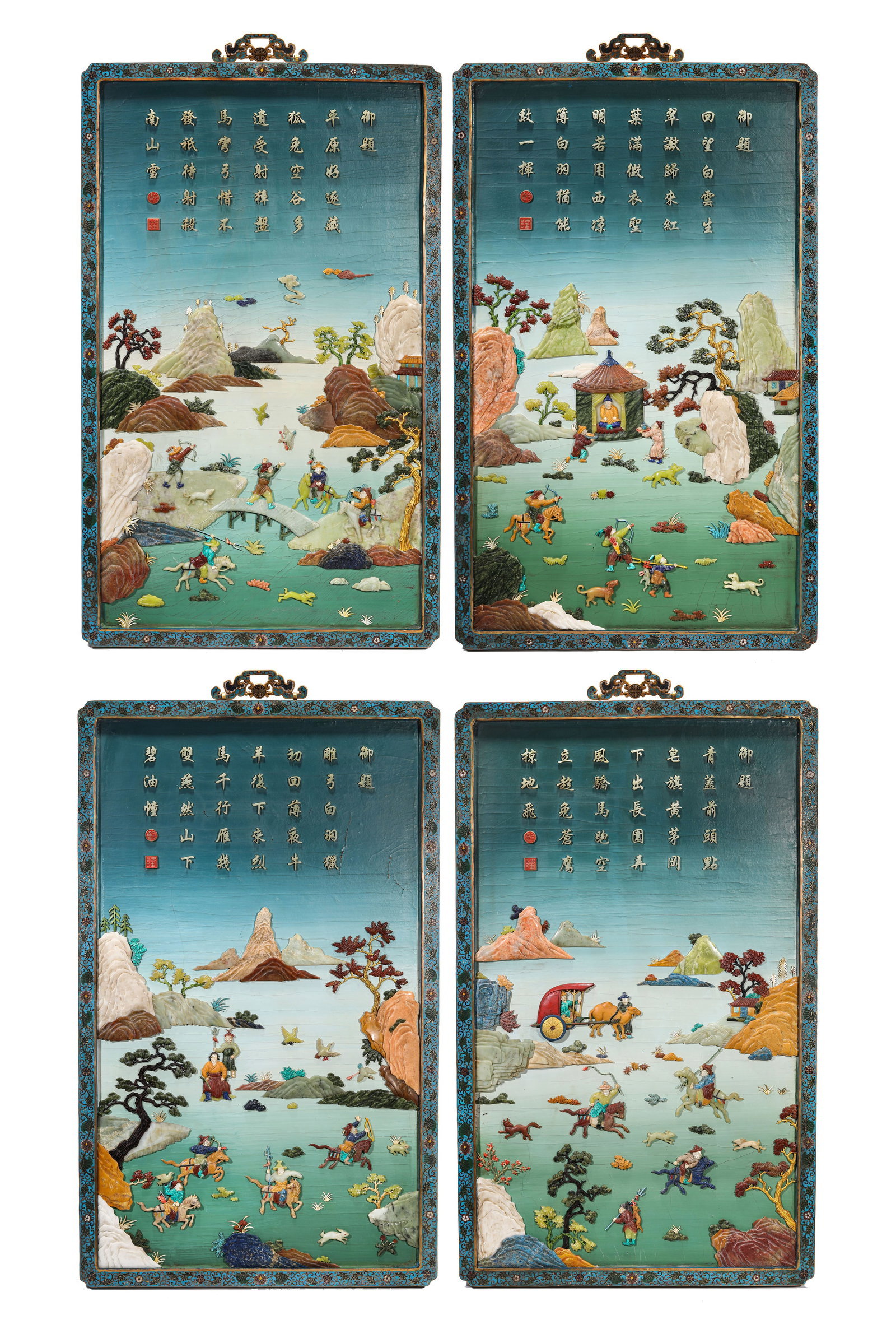 A GROUP OF CLOISONNE ENAMEL, LACQUER AND 'HUNDRED TREASURES'-INLAID 'HUNTING SCENE AND POEM' HANGING: A GROUP OF CLOISONNE ENAMEL, LACQUER AND 'HUNDRED TREASURES'-INLAID 'HUNTING SCENE AND POEM' HANGING PANELS Description: Dimensions: Width: 60.5 cm x Height: 104 cm. All measurements are approximate.