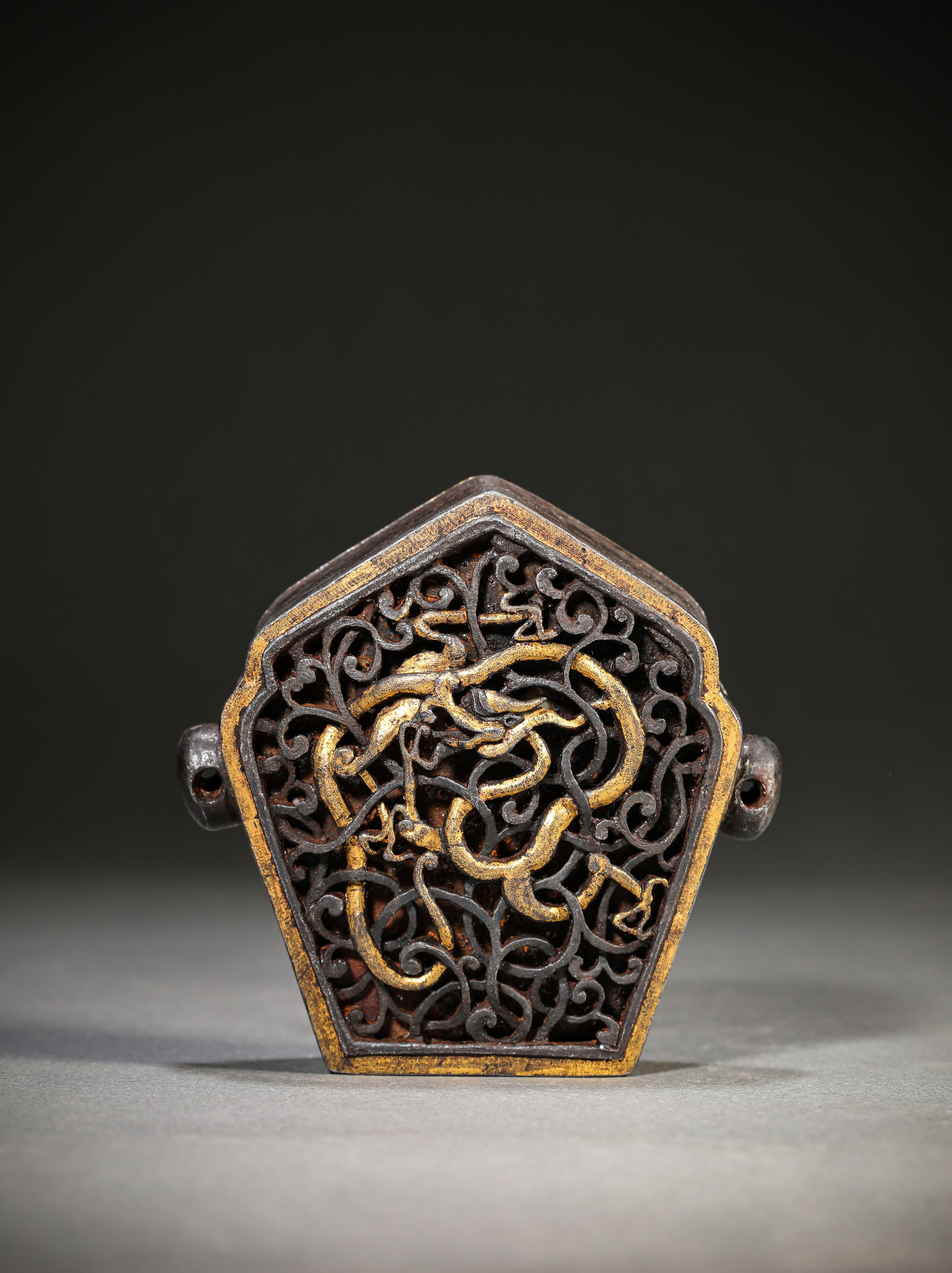 AN IRON AND GOLD CHAMPLEVE 'OPENWORK' GAU: AN IRON AND GOLD CHAMPLEVE 'OPENWORK' GAU Description: Dimensions: Weight: 234 g. Length: 9.7 cm x Width: 3.5 cm x Height: 9.4 cm. All measurements are approximate.