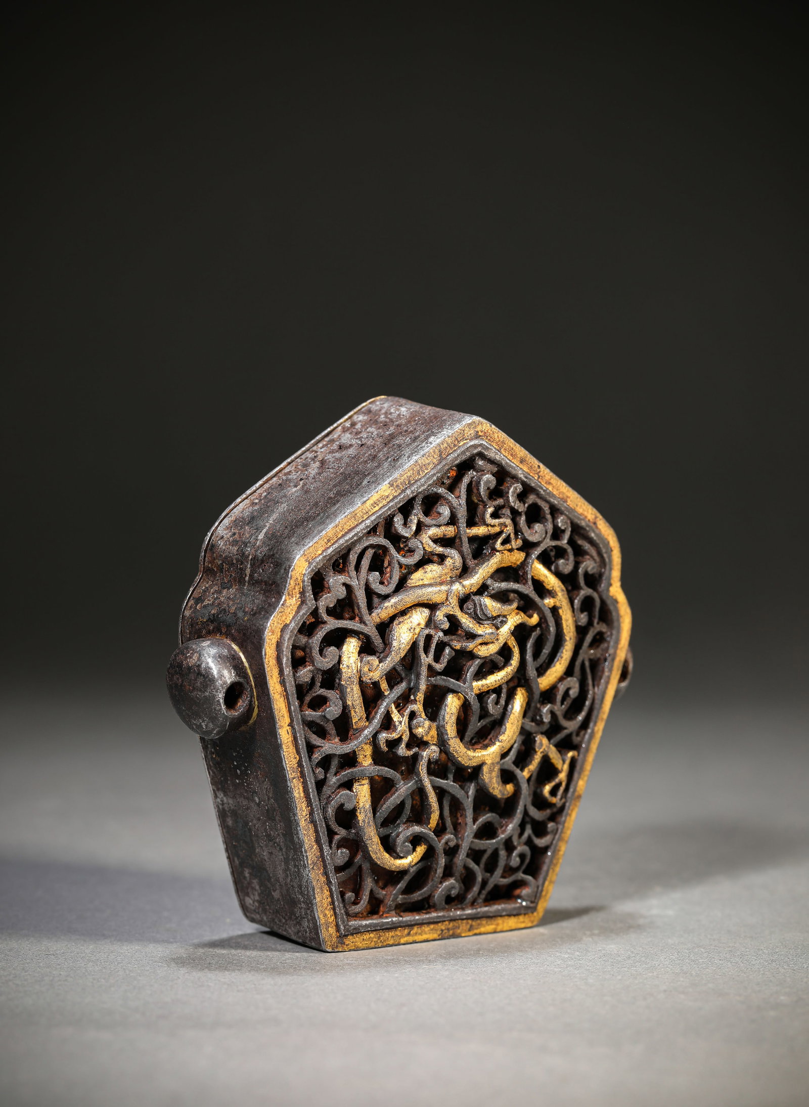 AN IRON AND GOLD CHAMPLEVE 'OPENWORK' GAU - 2