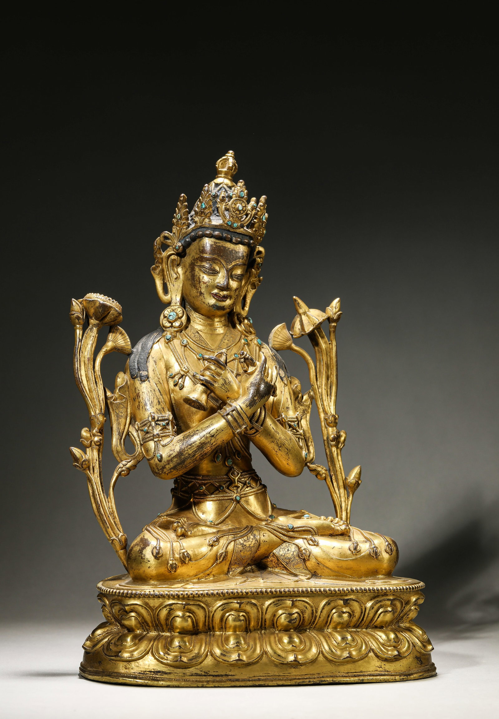 A 'TIBETAN SHALU MONASTERY-STYLE' FIGURE OF VAJRADHARA: A 'TIBETAN SHALU MONASTERY-STYLE' FIGURE OF VAJRADHARA Description: Dimensions: Weight: 6650 g. Length: 24.4 cm x Width: 18 cm x Height: 36 cm. All measurements are approximate.
