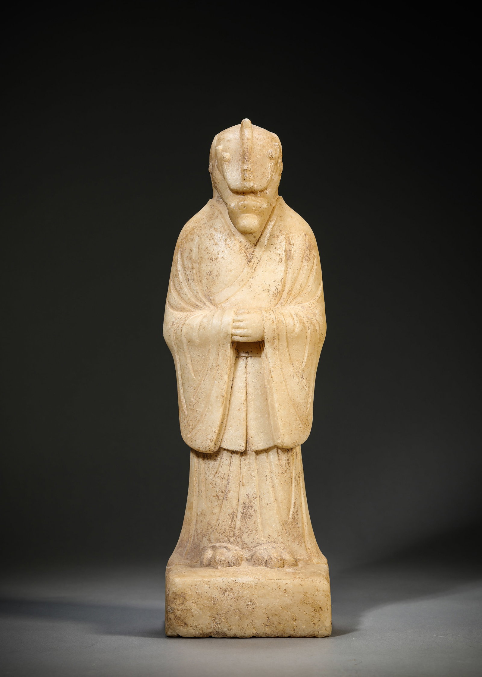 A WHITE MARBLE FIGURE OF A STANDING DRAGON: A WHITE MARBLE FIGURE OF A STANDING DRAGON Description: Dimensions: Length: 12.6 cm x Width: 9.3 cm x Height: 39 cm. All measurements are approximate.