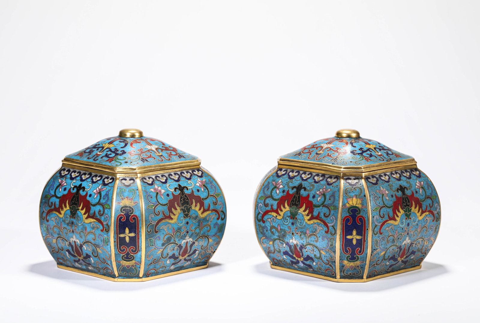 A PAIR OF CLOISONNE ENAMEL 'FLORAL AND BAT' GO GAME JARS (1 of 7)
