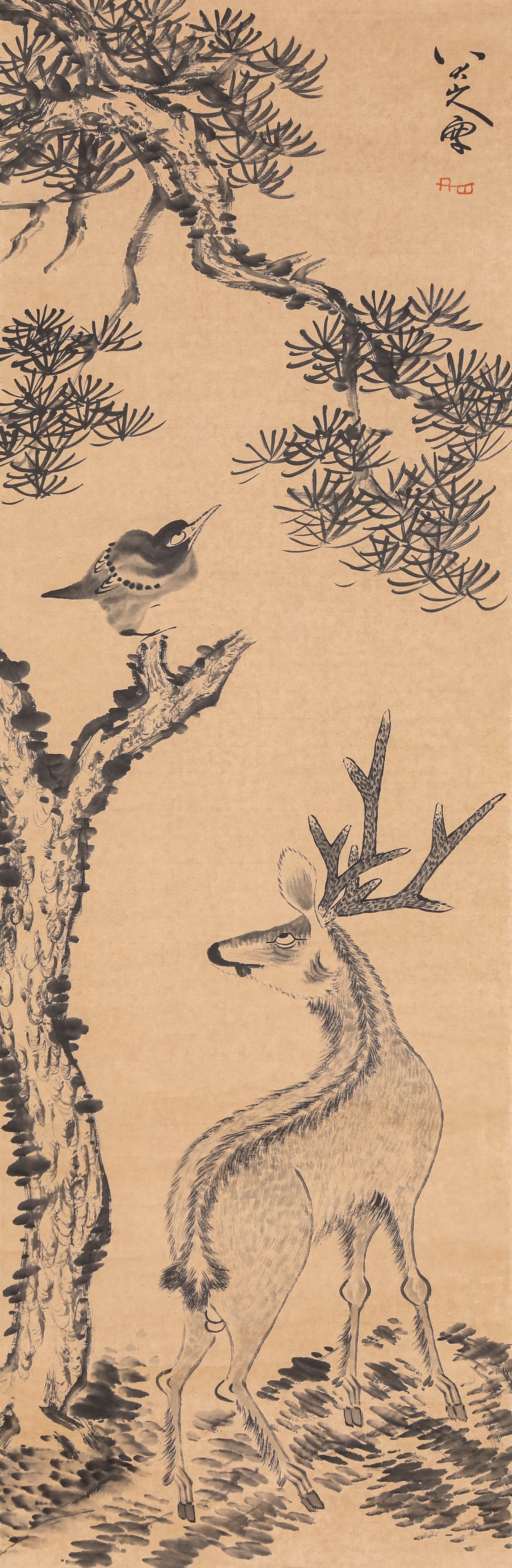BADA SHANREN (1626-1705), ATTRIBUTED TO, PINES AND DEER IN SPRING: BADA SHANREN (1626-1705), ATTRIBUTED TO, PINES AND DEER IN SPRING Description: Dimensions: Width: 35 cm x Height: 105 cm. All measurements are approximate.