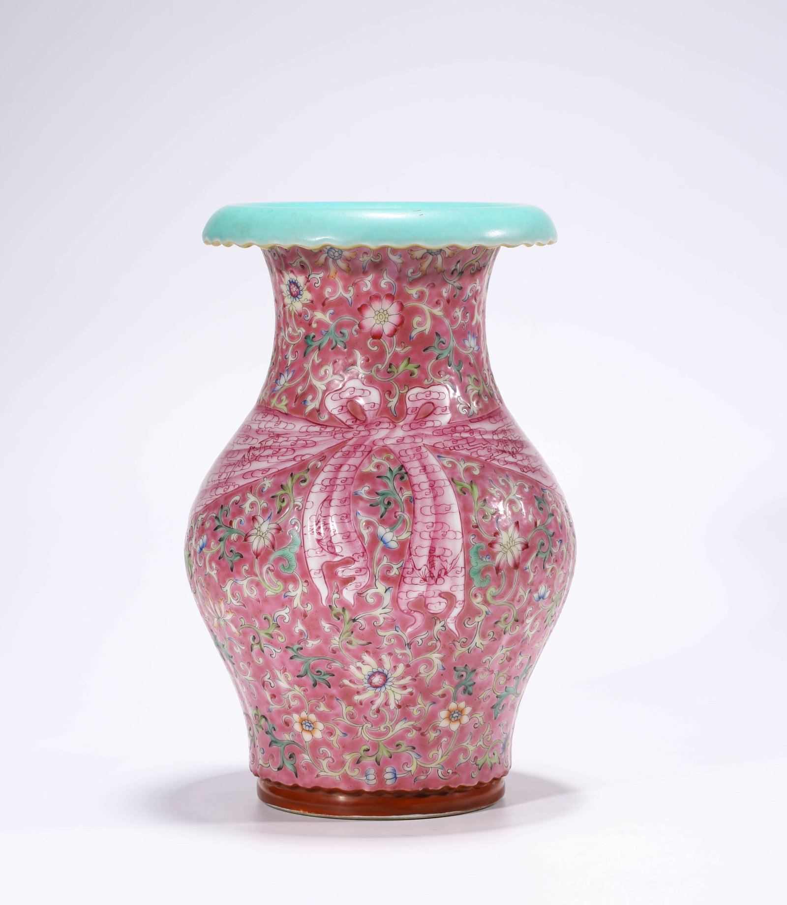 A ROUGE-GROUND FAMILLE-ROSE 'BAT, SHOU AND FLORALS? VASE: A ROUGE-GROUND FAMILLE-ROSE 'BAT, SHOU AND FLORALS? VASE Description: Dimensions: Width: 19.6 cm x Height: 30.2 cm. All measurements are approximate.