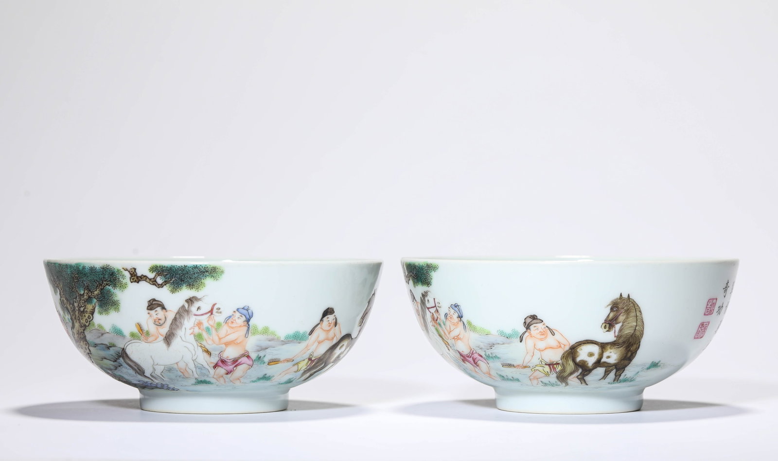 A PAIR OF FAMILLE-ROSE 'NARRATIVE SCENE AND POEM' BOWLS: A PAIR OF FAMILLE-ROSE 'NARRATIVE SCENE AND POEM' BOWLS Description: Dimensions: Width: 13.8 cm x Height: 6.2 cm.Width: 13.8 cm x Height: 6.2 cm. All measurements are approximate.