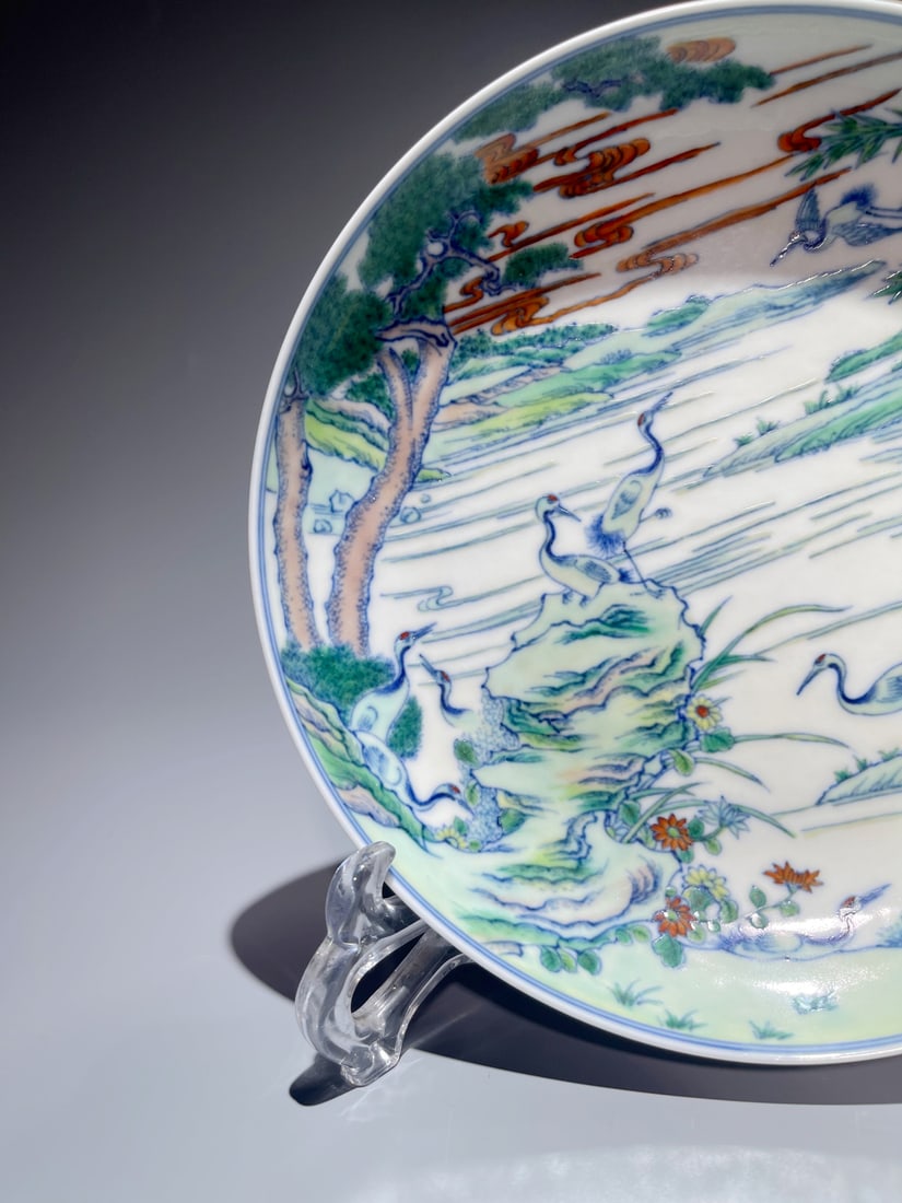 A DOUCAI 'NINE CRANES AND SPRING' DISH - 4