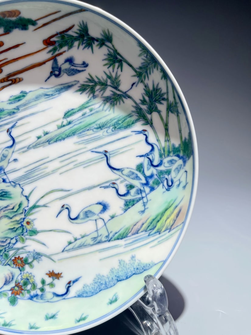 A DOUCAI 'NINE CRANES AND SPRING' DISH - 5