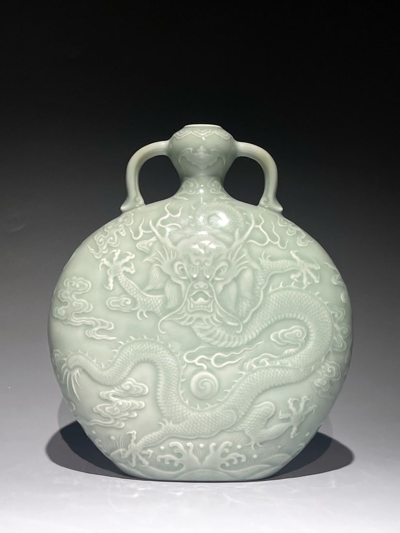 A CELADON-GLAZED 'DRAGON AND CLOUDS' MOONFLASK WITH LOOP HANDLES - 2