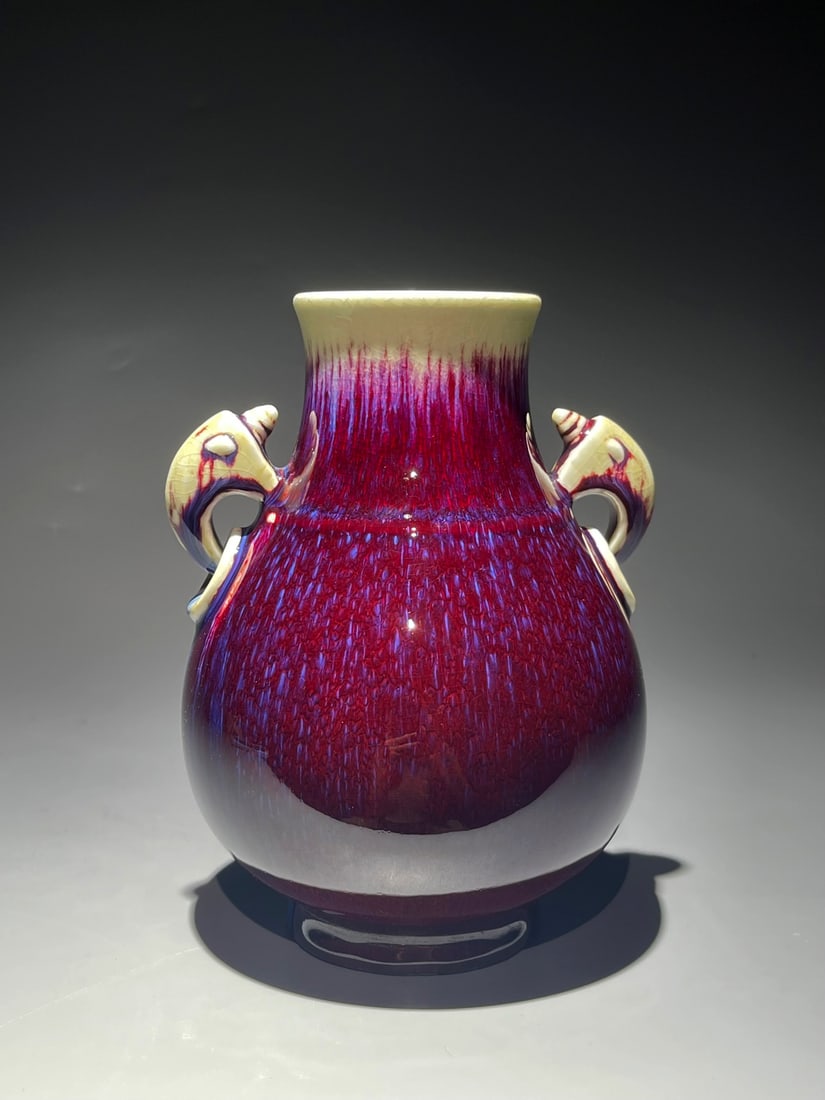 A FLAMBE GLAZED BAT EARED VASE - 4