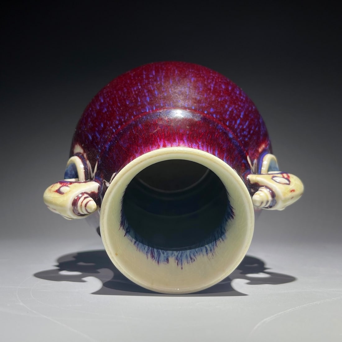 A FLAMBE GLAZED BAT EARED VASE - 6