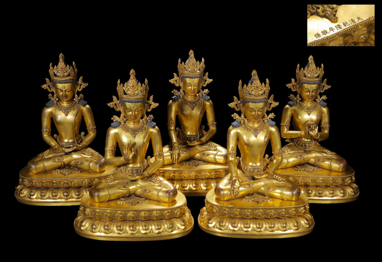 A SET OF GILDED BRONZE FIVE-SIDED BUDDHA STATUES FROM THE QIANLONG PERIOD (1 of 20)