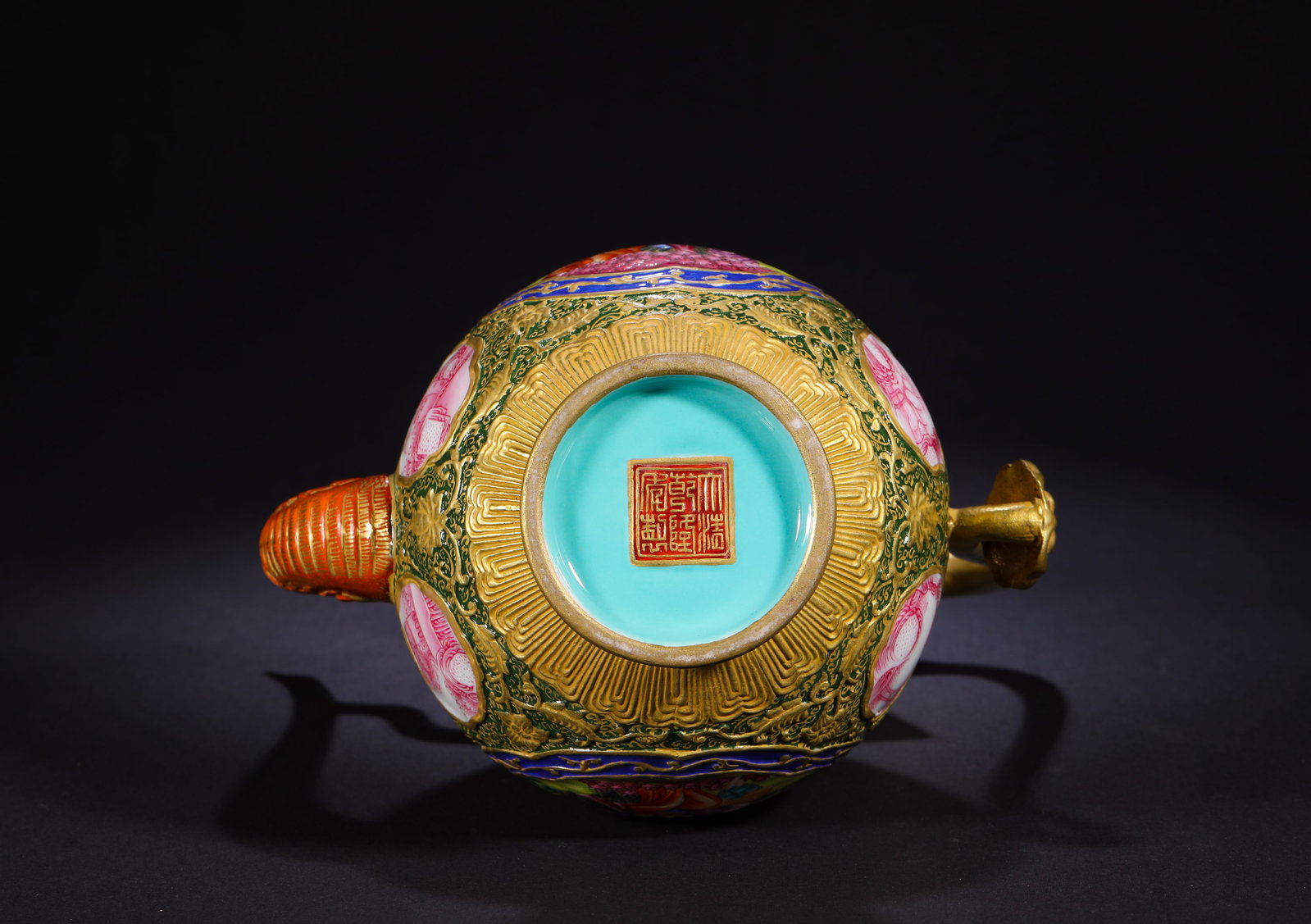 POLYCHROME GILDED FIGURE TEAPOT - 10