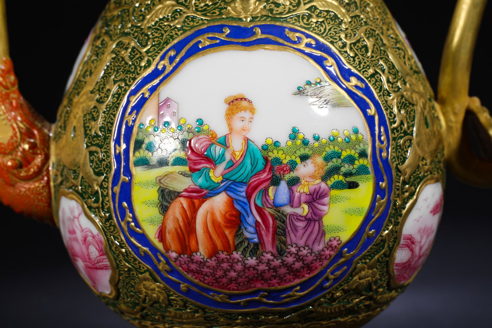 POLYCHROME GILDED FIGURE TEAPOT - 3