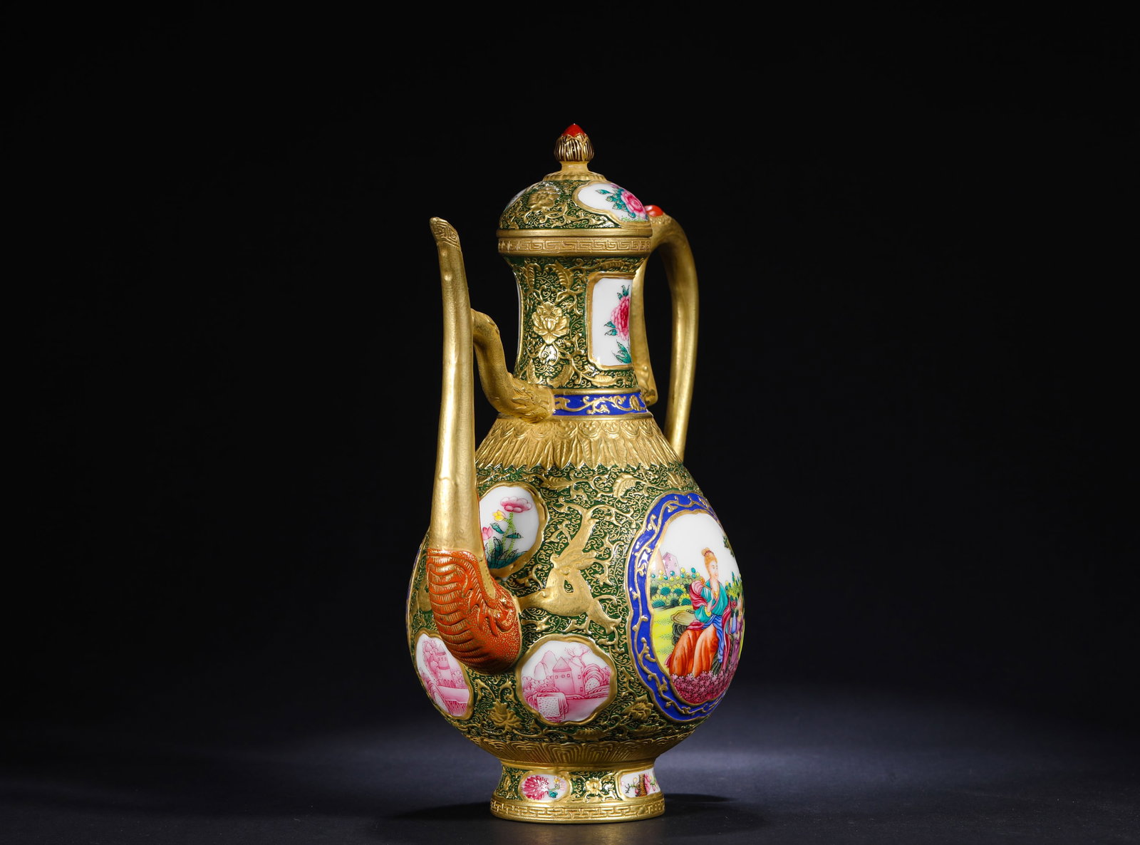 POLYCHROME GILDED FIGURE TEAPOT - 4
