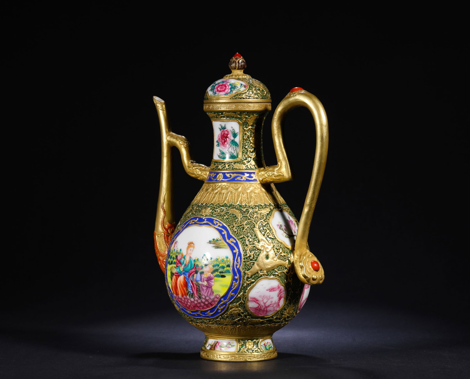 POLYCHROME GILDED FIGURE TEAPOT - 5