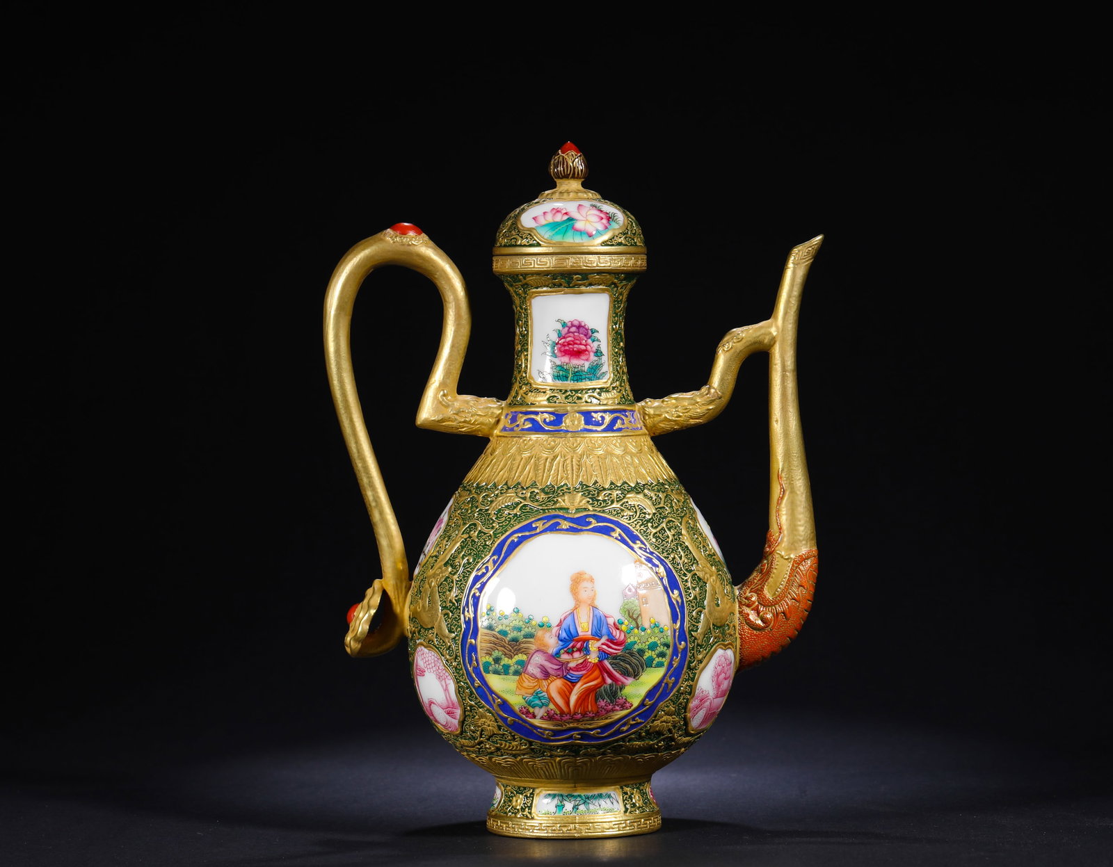 POLYCHROME GILDED FIGURE TEAPOT - 6