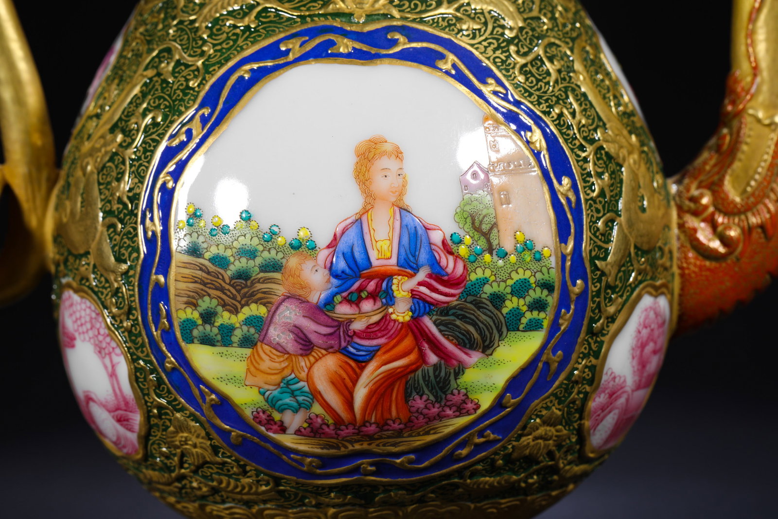 POLYCHROME GILDED FIGURE TEAPOT - 7