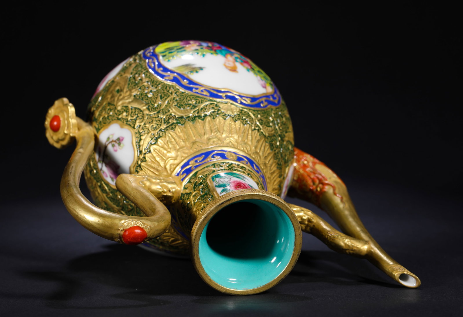 POLYCHROME GILDED FIGURE TEAPOT - 9