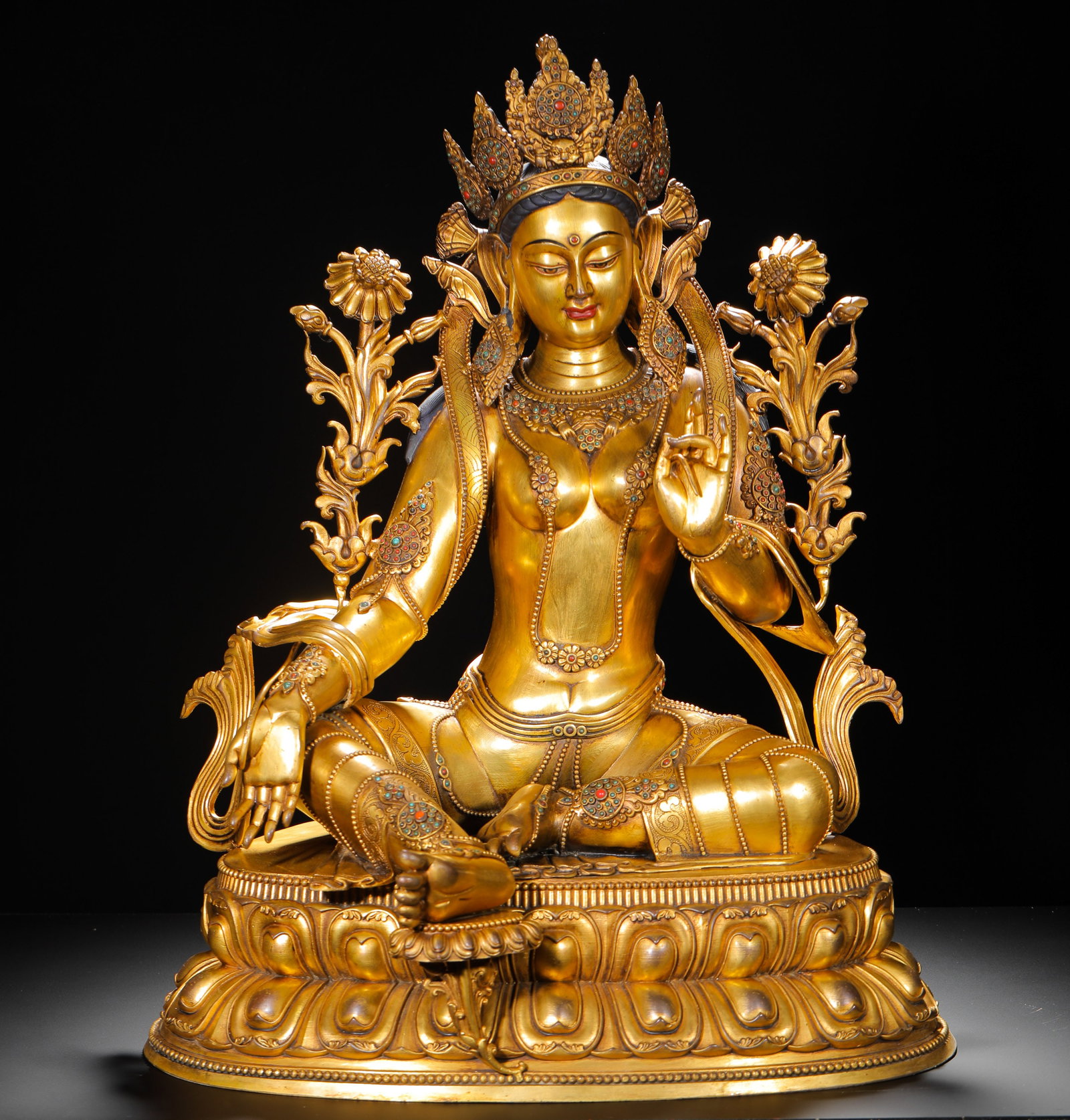 GILDED BRONZE STATUE OF THE WHITE TARA INLAID WITH TREASURES: GILDED BRONZE STATUE OF THE WHITE TARA INLAID WITH TREASURES (68 x 46cm,Weight:25000g)